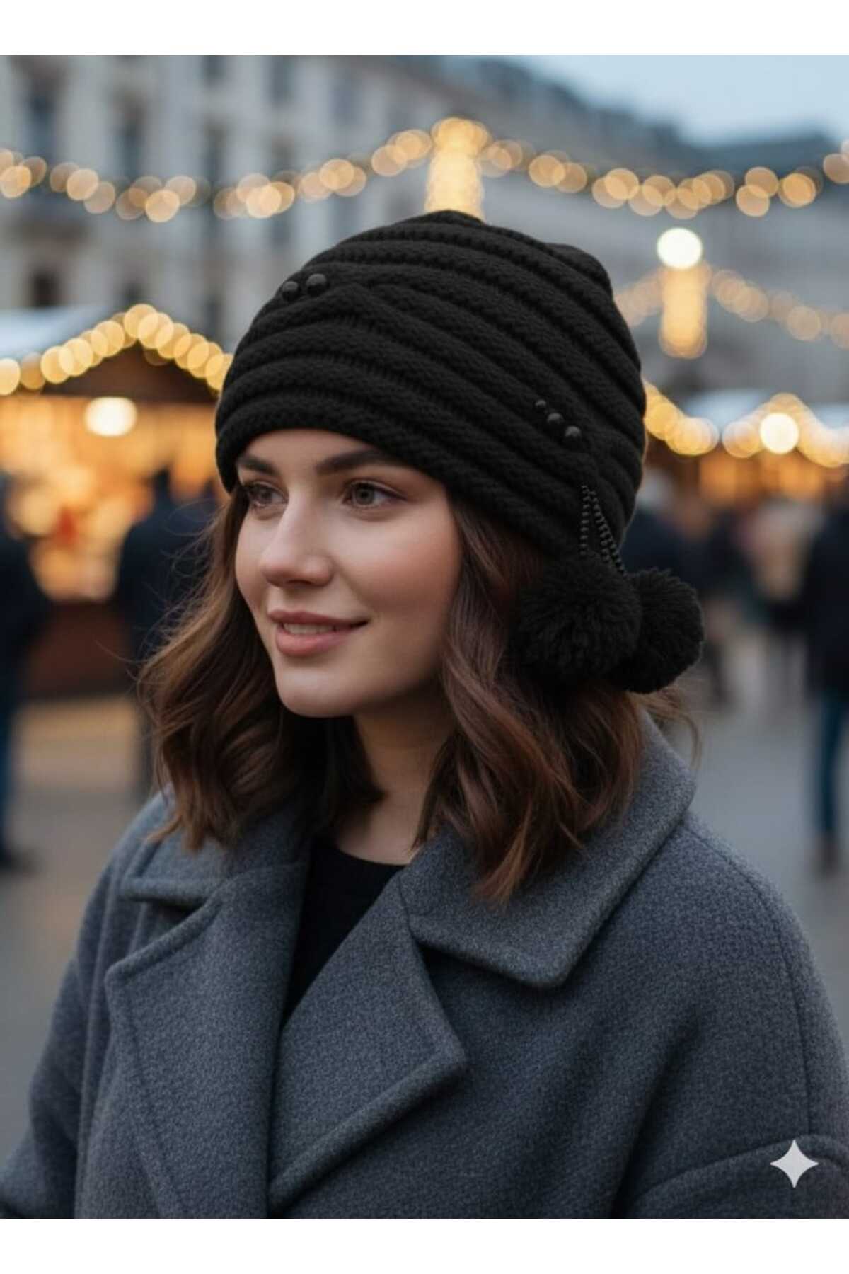 Betülce  Kadın Boncuk ve Ponpon Detaylı Triko Bere | Yumuşak Dokulu, Kışlık Şapka