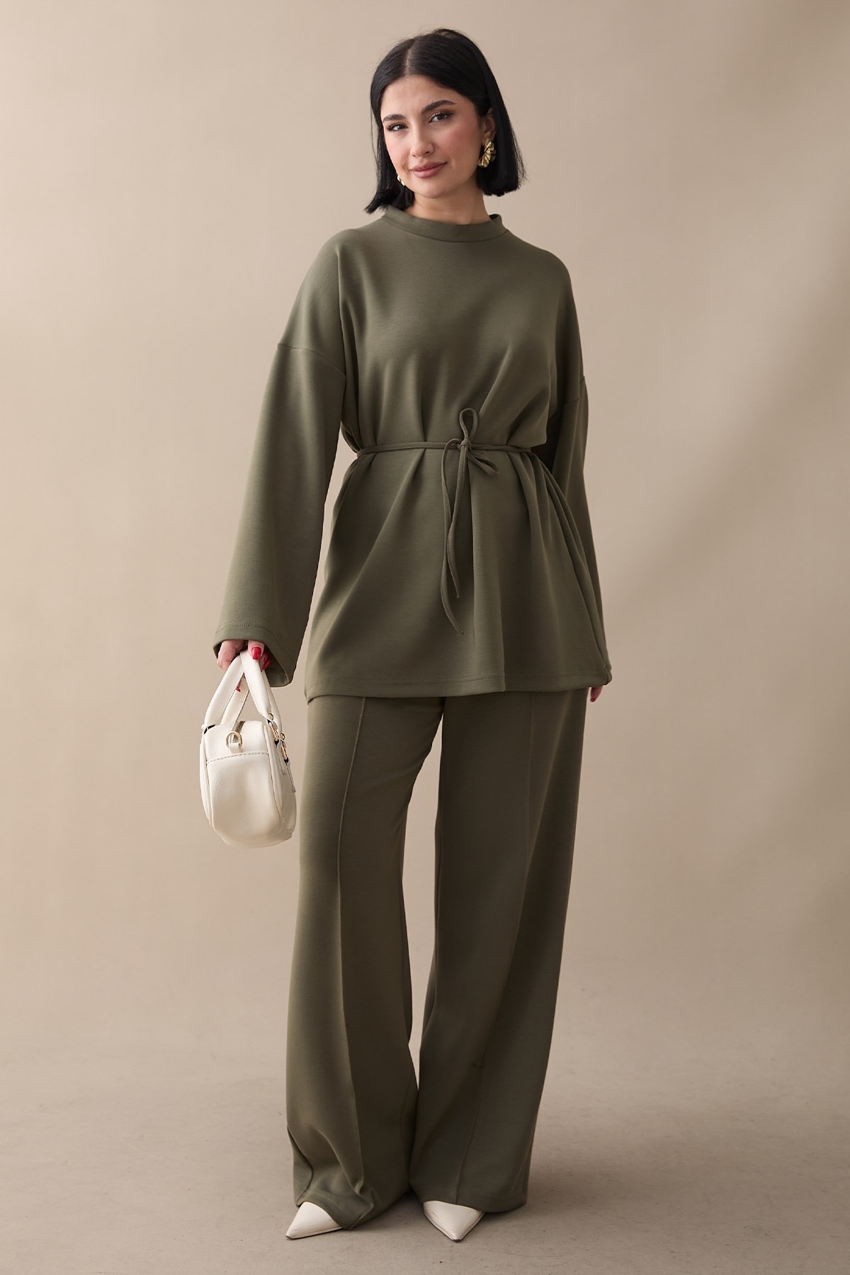 InStyle Belted Khaki Modal Suit with Piping Pants