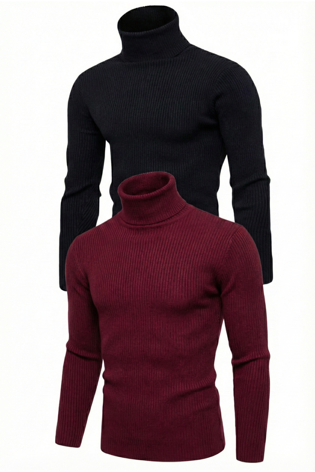 Alfanora 2'li Siyah Bordo Unisex Kaşkorse Boğazlı Full Likralı Fitilli Body Kazak