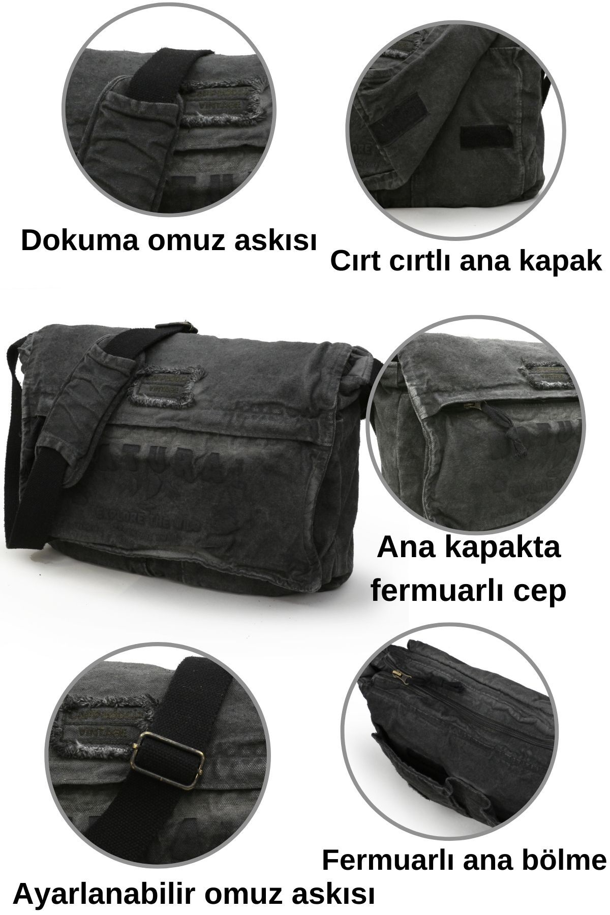 Cappadocia Vintage  4028 Siyah Salaş Omuz Çantası Pamuk Kanvas Postacı Laptop Okul Seyahat Günlük Vintage Retro - Görsel 5