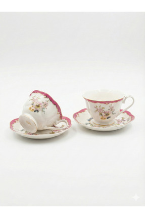 ACAR Vintage Serisi 2 Kişilik Geniş Hacimli Porselen Çay Fincanı - Pembe Çiçekli
