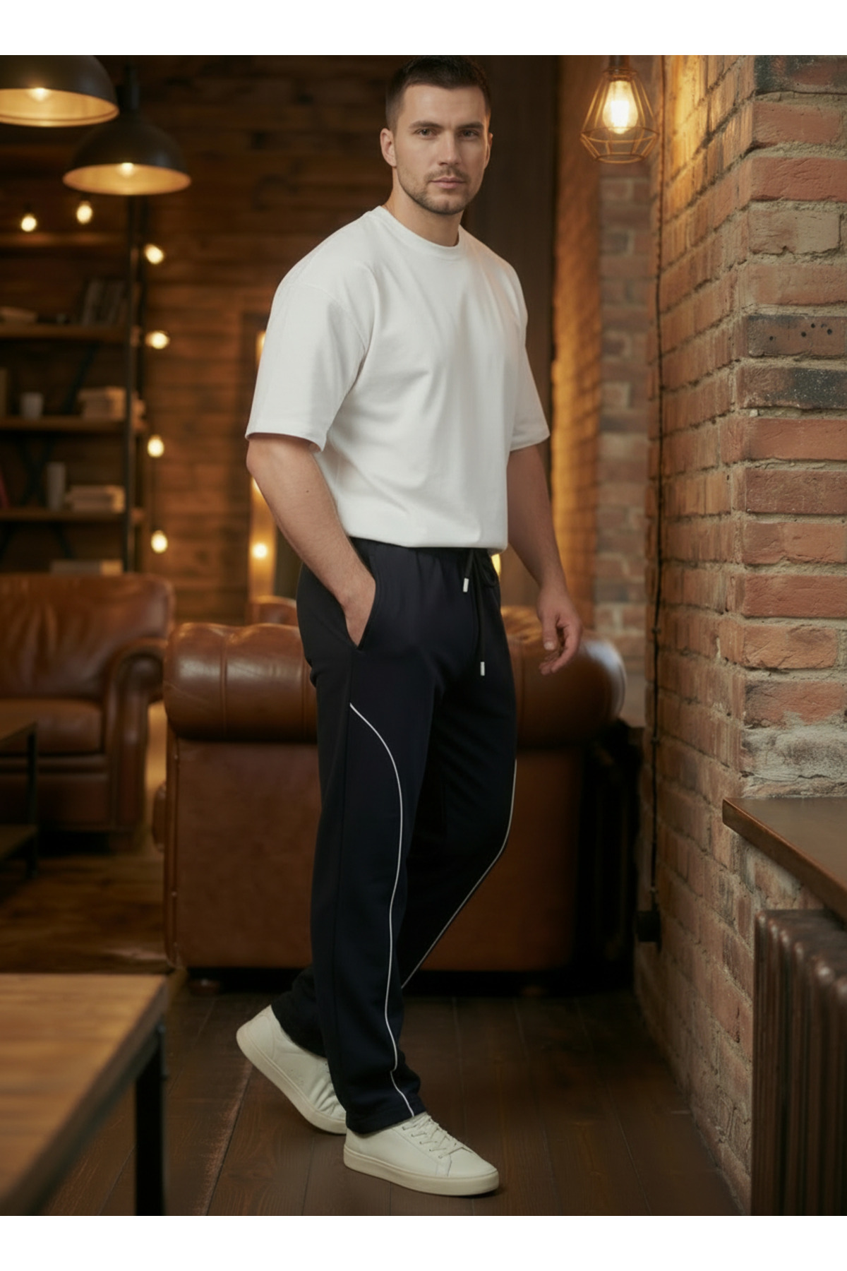 Veleno  Erkek Siyah Baggy Biyeli Oversize Relaxed 4 Mevsim Eşofman Altı Bol Paça 2 İplik Tam Kalıp - Görsel 6