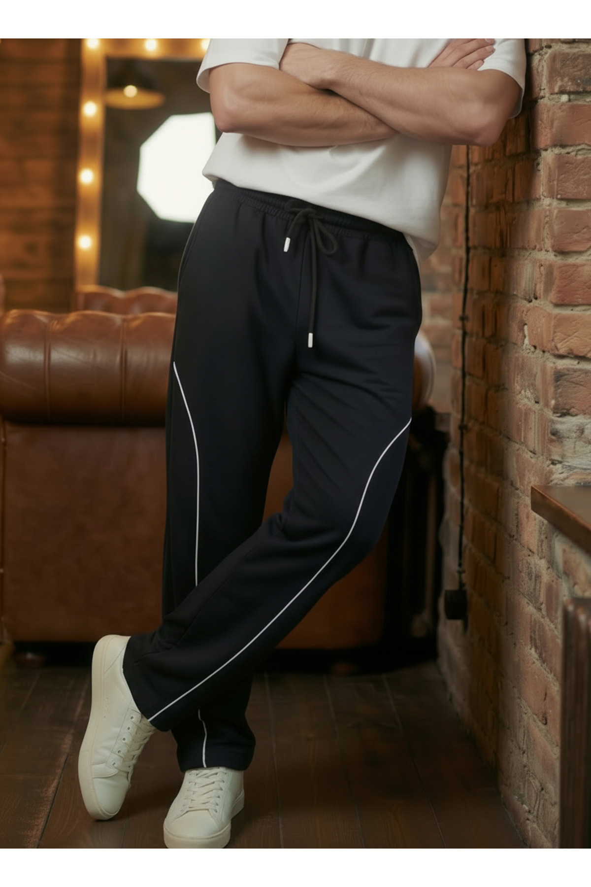 Veleno  Erkek Siyah Baggy Biyeli Oversize Relaxed 4 Mevsim Eşofman Altı Bol Paça 2 İplik Tam Kalıp