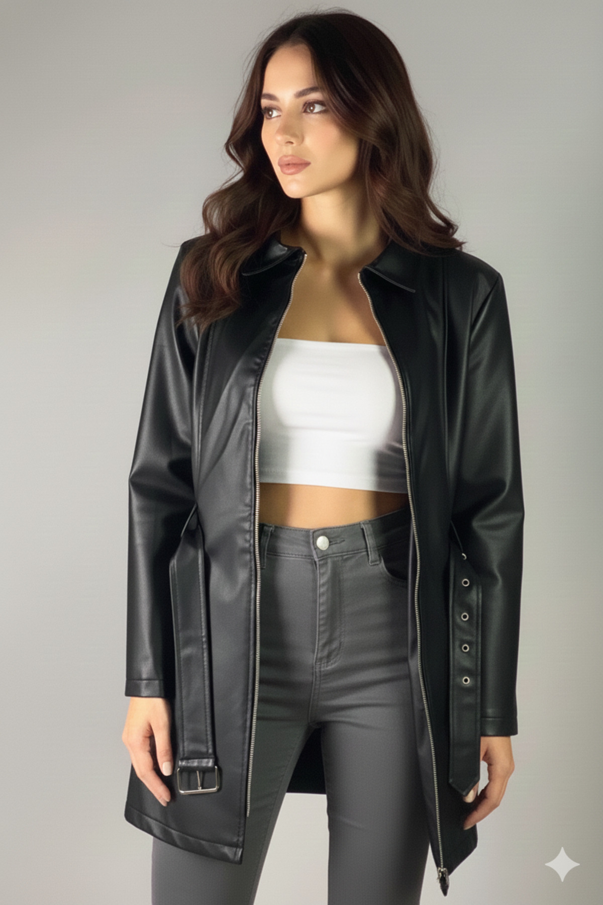 Orions Collection  Kadın Siyah Uzun Deri Ceket - Görsel 2