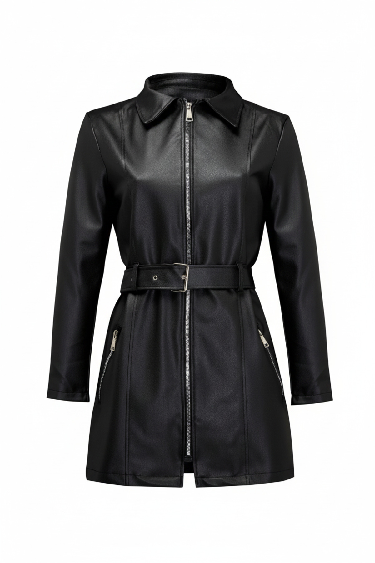 Orions Collection  Kadın Siyah Uzun Deri Ceket - Görsel 4