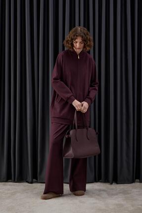 Hilay Nairobi Fermuarlı Taşlı Pantolonlu Takım MÜRDÜM