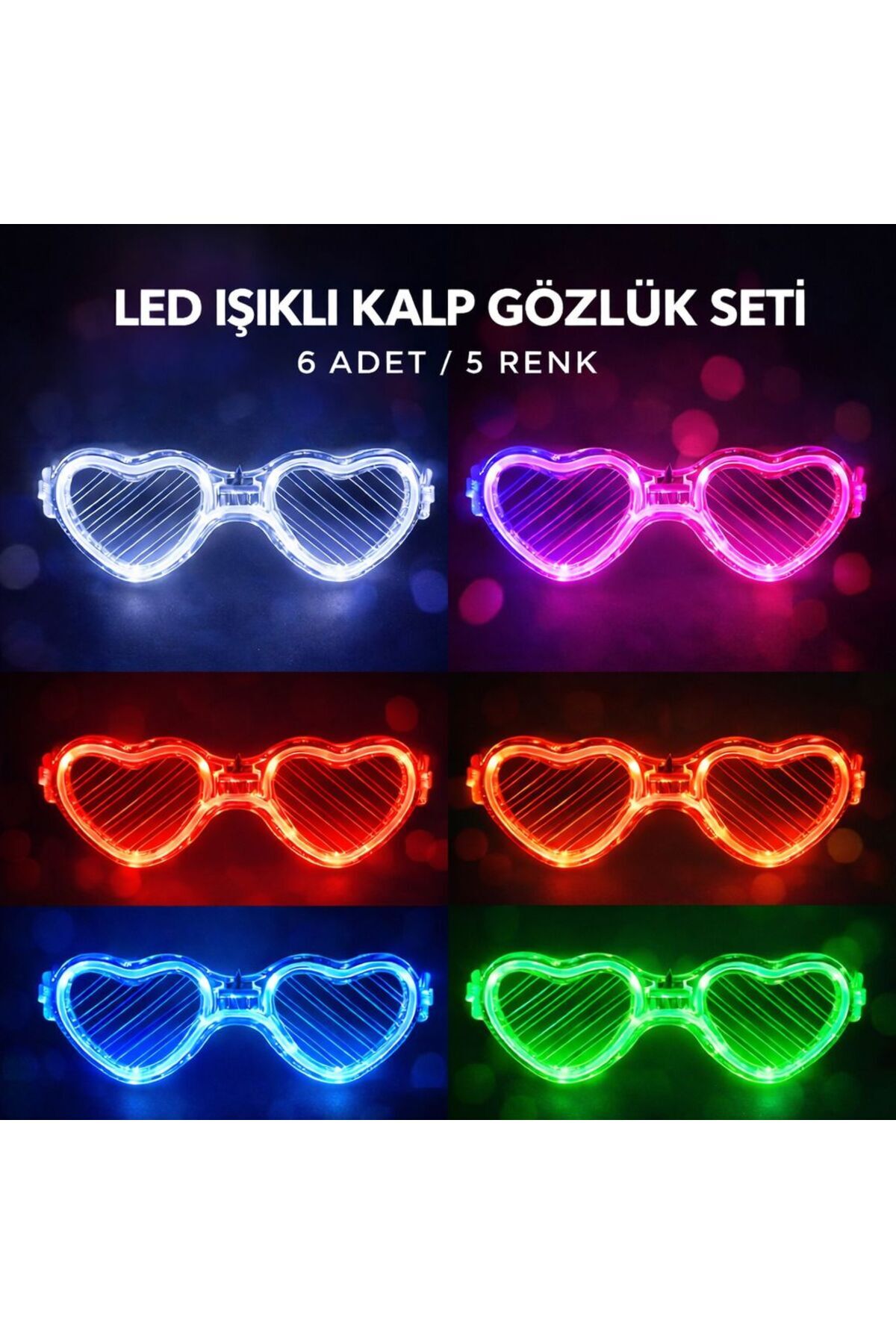 PAZAR DÜNYASI LED Işıklı Kalp Pilli Parti Gözlüğü – 6 Adet / 5 Renk Set