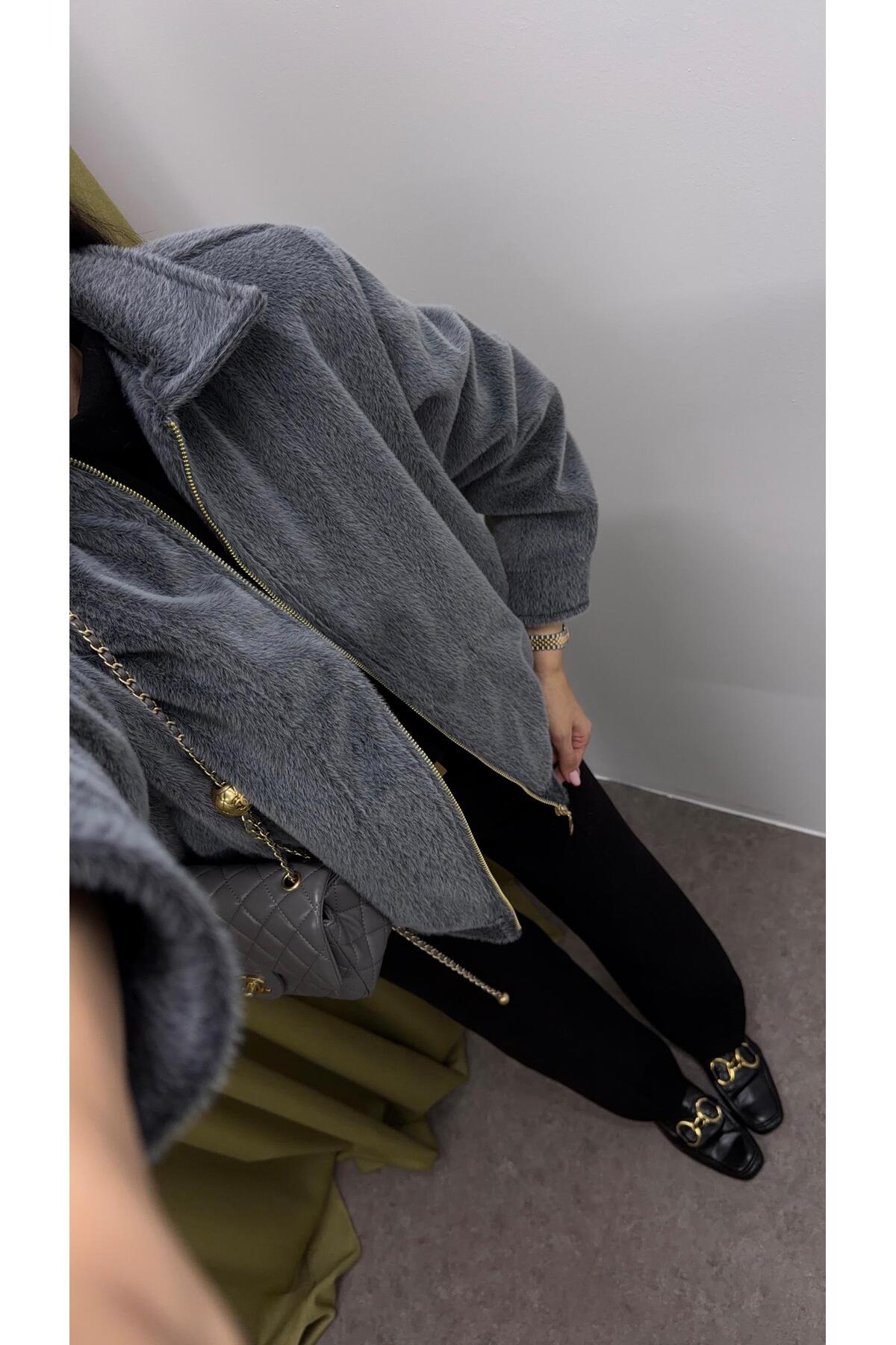 HAZELANNA  Fermuarlı Teddy Gri Bomber Ceket - Görsel 5