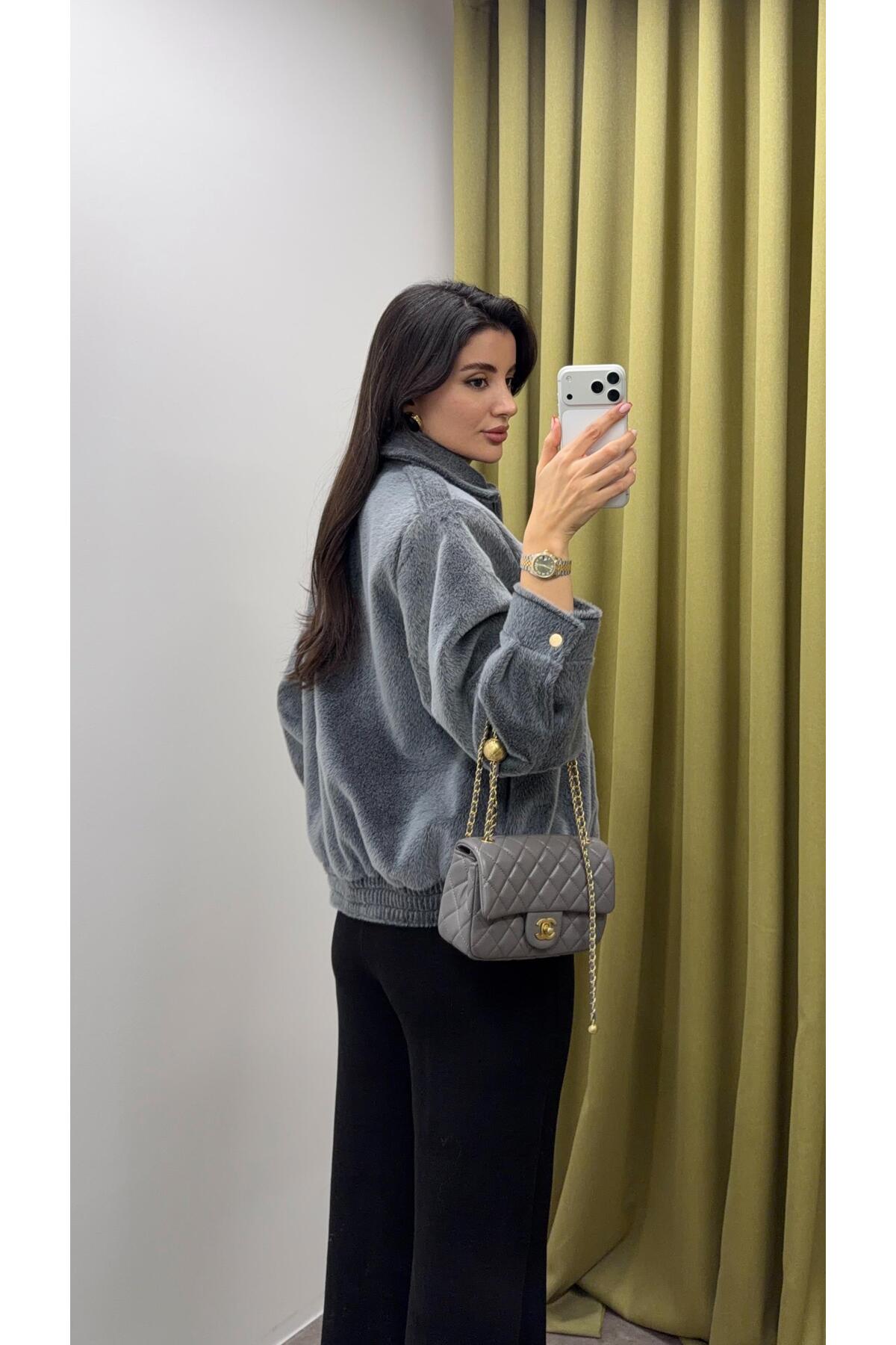 HAZELANNA  Fermuarlı Teddy Gri Bomber Ceket - Görsel 3