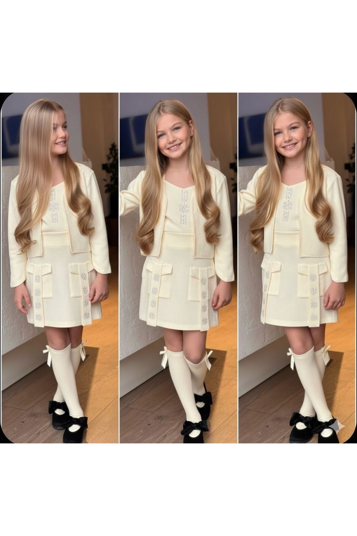 KOKOŞ BEBEK Kız Çocuk Askılı Bluz Hırka ve Elmas Taş İşlemeli Triko Etek Takım fotoğrafı 2 (önizleme)