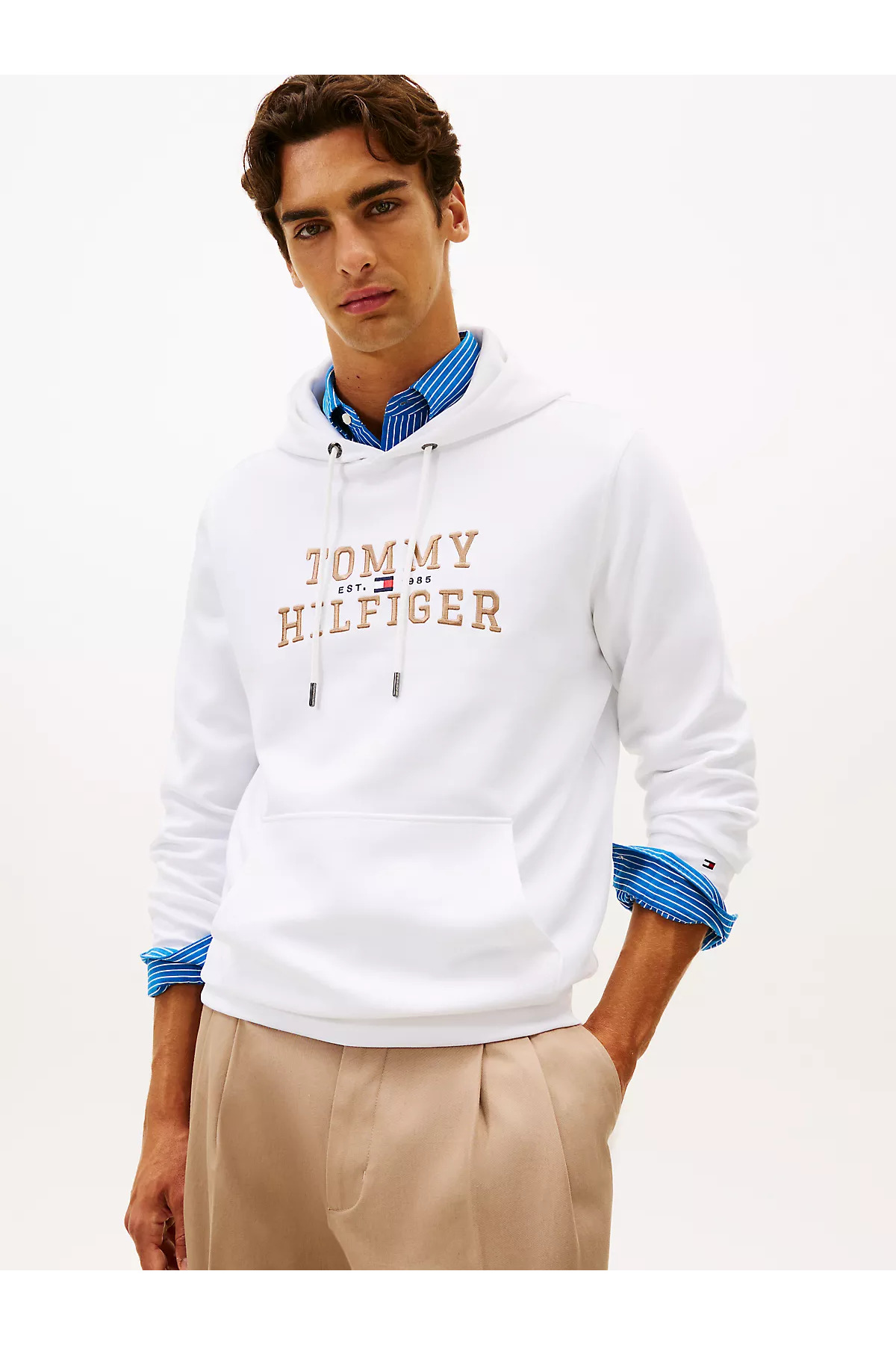 تامی هیلفیگر سویشرت مردانه آستین بلند کلاه دار سفید سایز معمولی با لوگو برجسته MW0MW42528-YBR