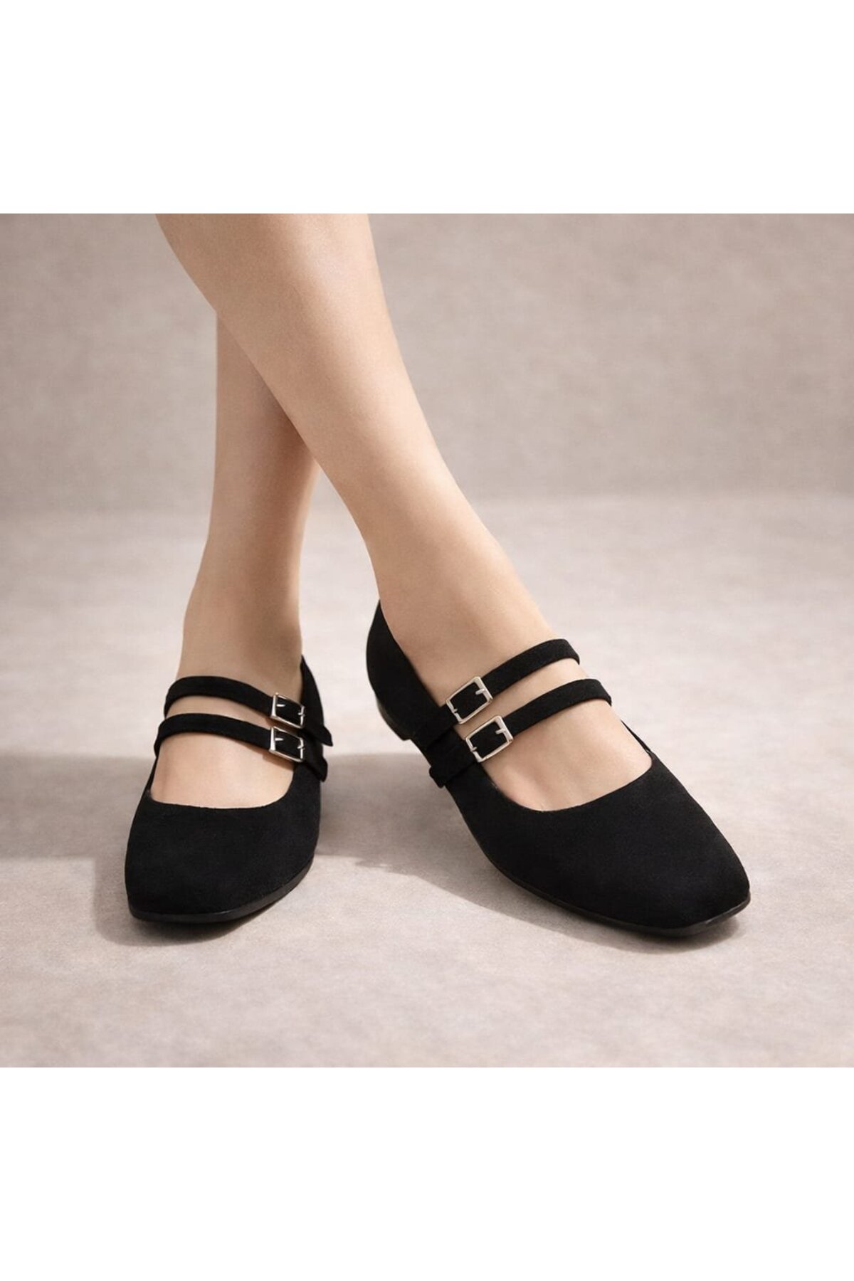 Slipcat  Kadın Üstten Kemerli Çift Tokalı Çift Bantlı Tokalı Süet Babet Süet - Görsel 5