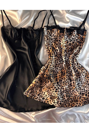 Harness İzora SİYAH ve LEOPAR Dantel Detaylı Askılı Saten Mini Elbise (2'Lİ P...