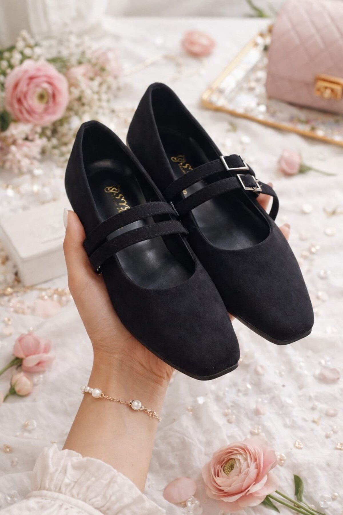 Slipcat  Kadın Üstten Kemerli Çift Tokalı Çift Bantlı Tokalı Süet Babet Süet - Görsel 2