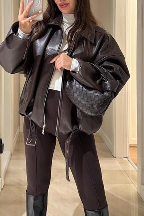 Jaglion Luvren Acı Kahve Trend Oversize Bomber Kemerli Deri Ceket