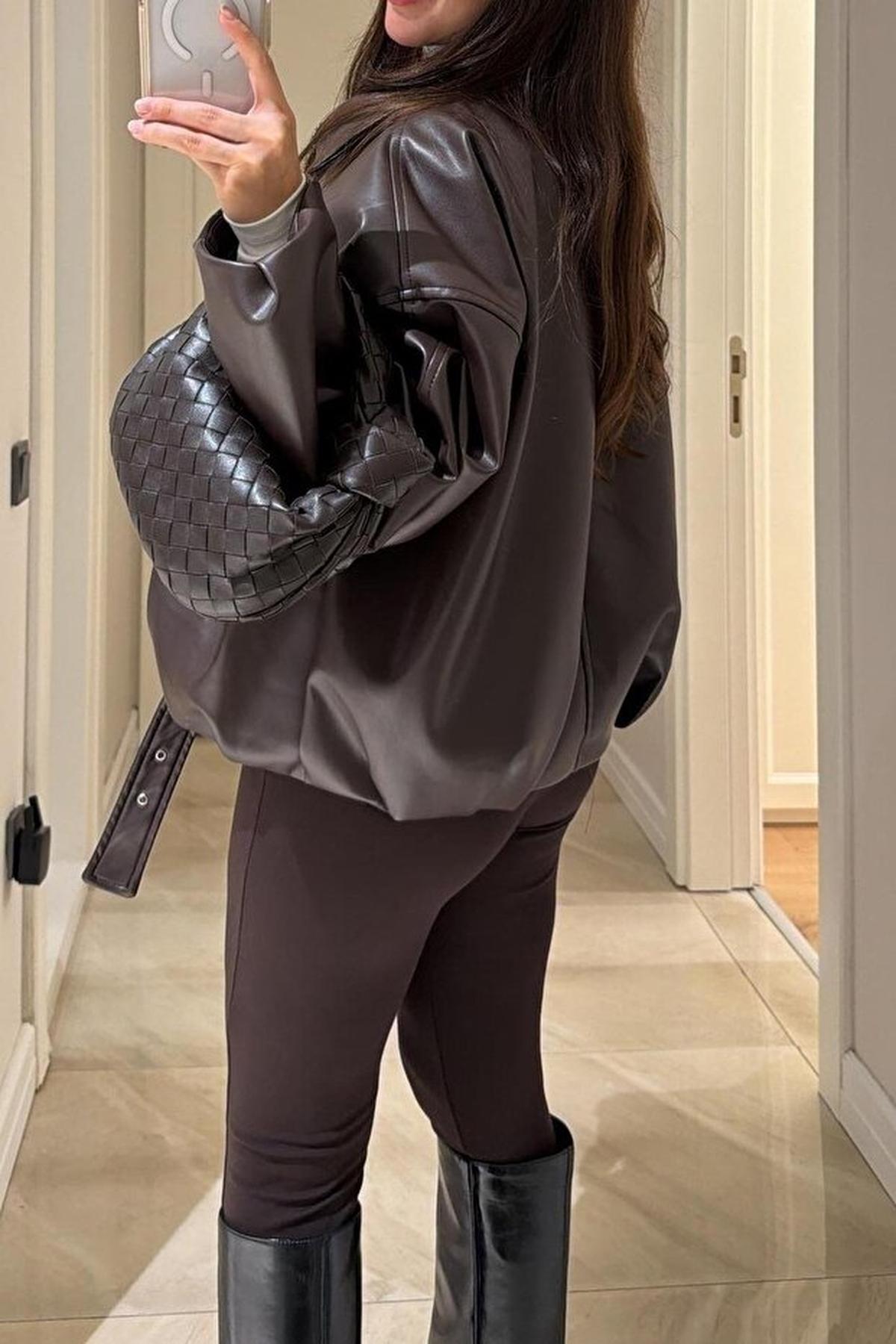 Jaglion  Luvren Acı Kahve Trend Oversize Bomber Kemerli Deri Ceket - Görsel 4