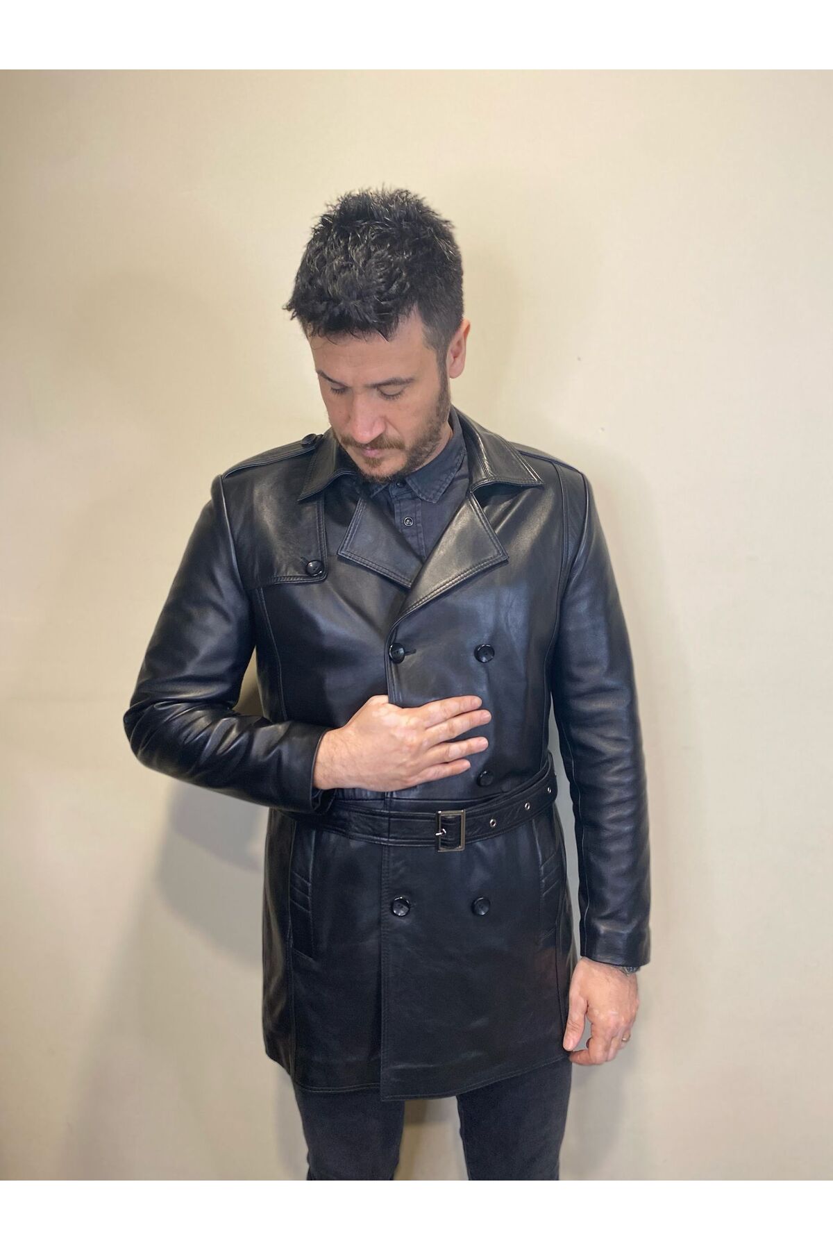 Antilop Deri Hakiki Deri Siyah Deri Trençkot Model Detaylı Deri Ceket