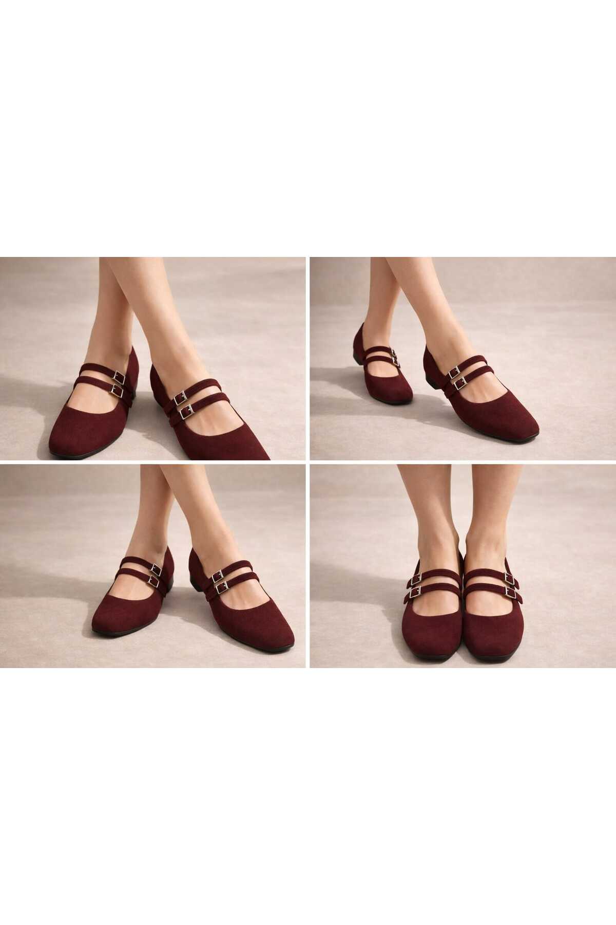 Slipcat  Kadın Üstten Kemerli Çift Tokalı Çift Bantlı Tokalı Süet Babet Süet - Görsel 8