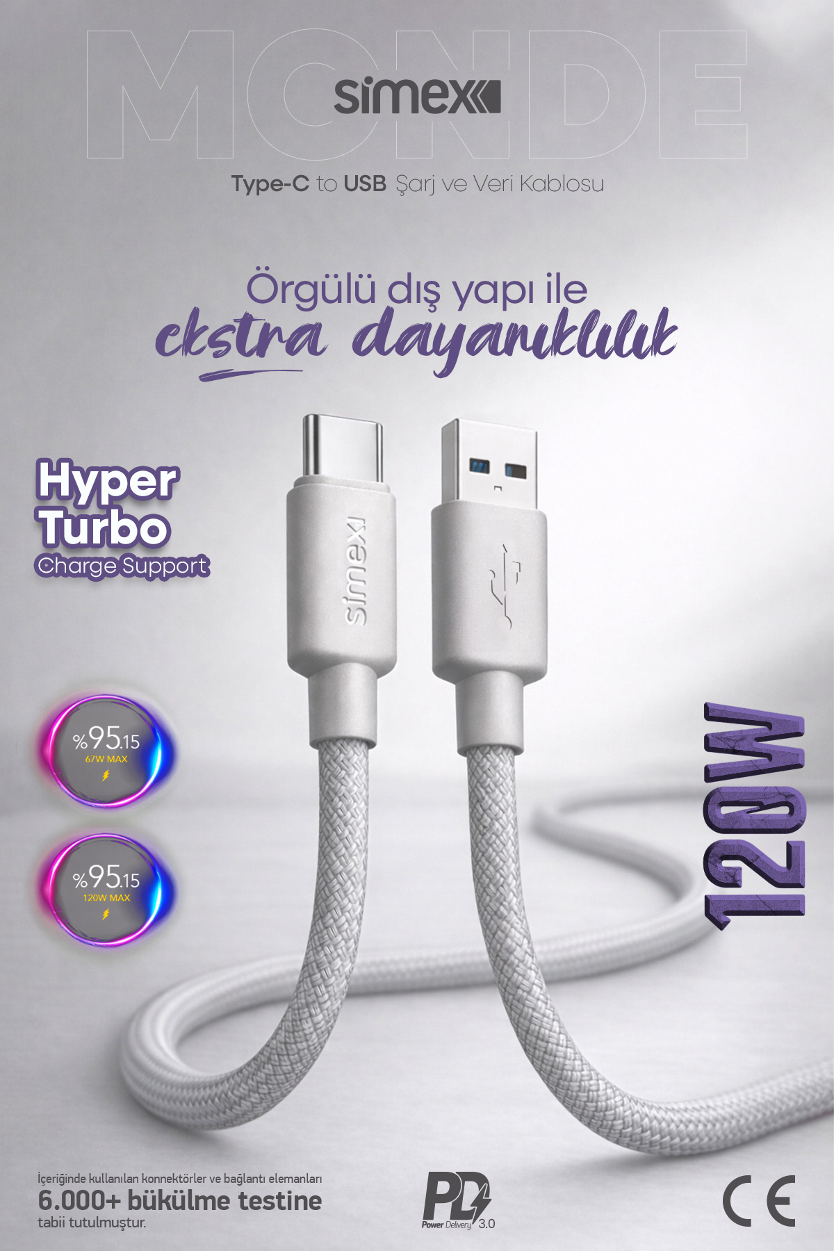 Simex 120W/67W/33W USB to Type-C Ultra Turbo Hızlı Şarj Kablosu Xiaomi Uyumlu, Gri, 1 Metre