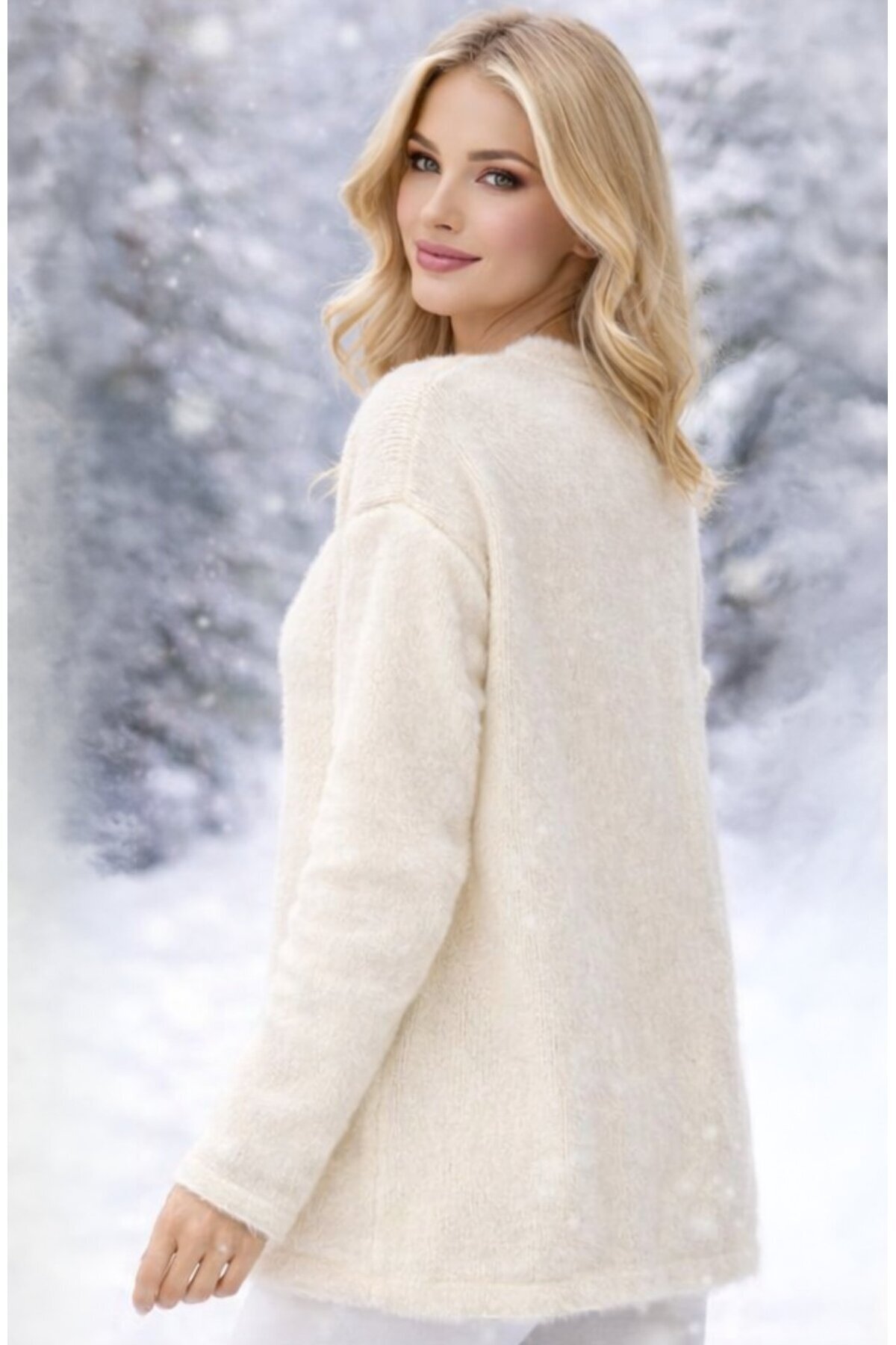 Fresh&Moda  Kadın Beyaz Angora Çiçek Nakışlı İnce Düğmeli Hırka - Görsel 5