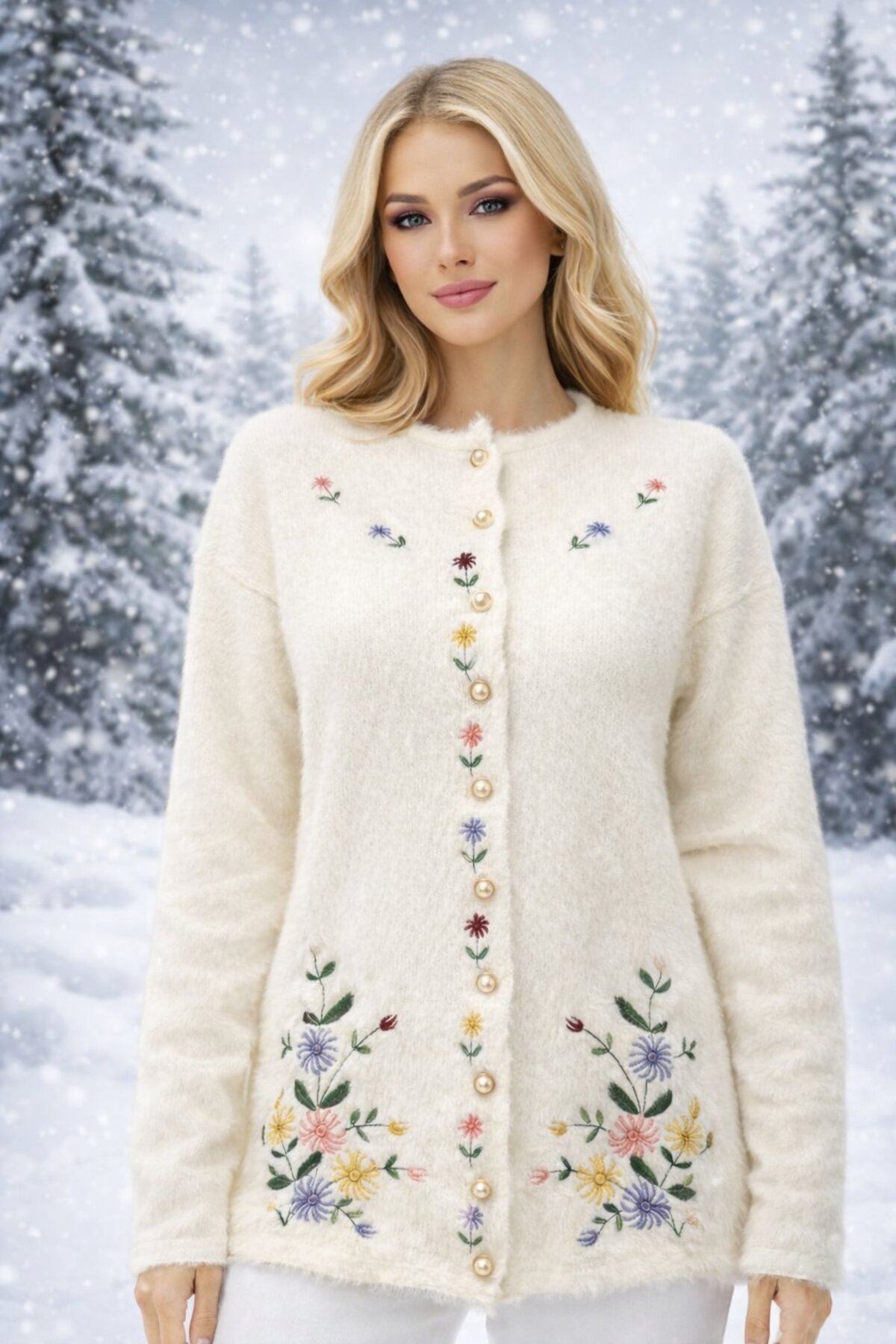 Fresh&Moda  Kadın Beyaz Angora Çiçek Nakışlı İnce Düğmeli Hırka - Görsel 4