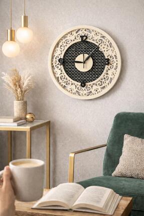 Nera Tasarım Hazeran Desenli Yuvarlak Siyah-Krem Duvar Saati 40x40 cm | Dekor...