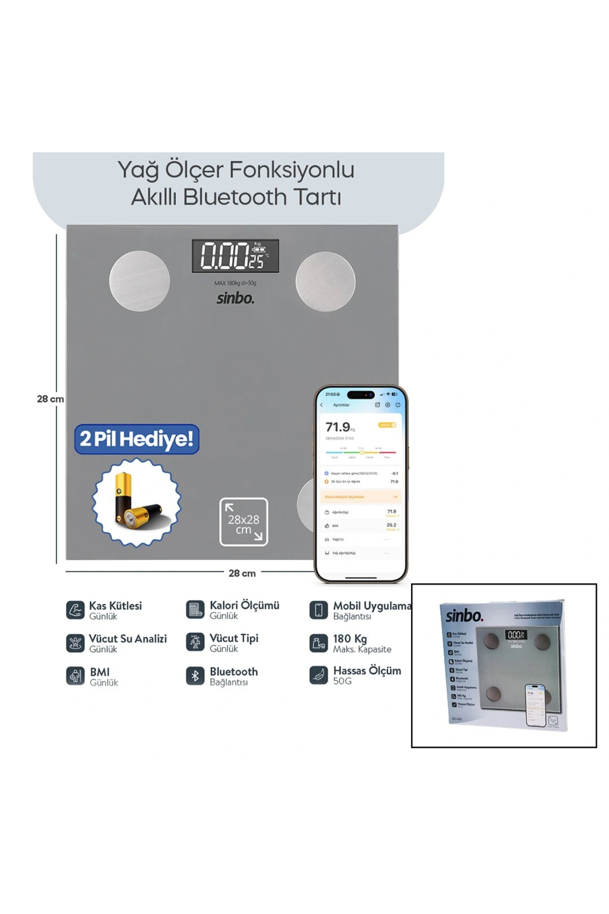 Go İthalat GRİ YAĞ ÖLÇER AKILLI BLUETOOTH CAM BASKÜL PİLLİ 180KG/50GR 28X28CM 8-KİŞİ HAFIZA LCD EKRAN ℃ GÖSTERG