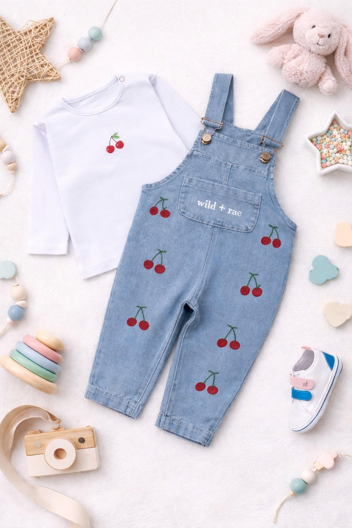 dinamik çocuk Kız Bebek Çiçek/Çilekli/Kirazlı Nakışlı Uzun Kollu Badili Esnek Kot Salopet 2li Takım Bayramlık 6-9- fotoğrafı 5 (önizleme)