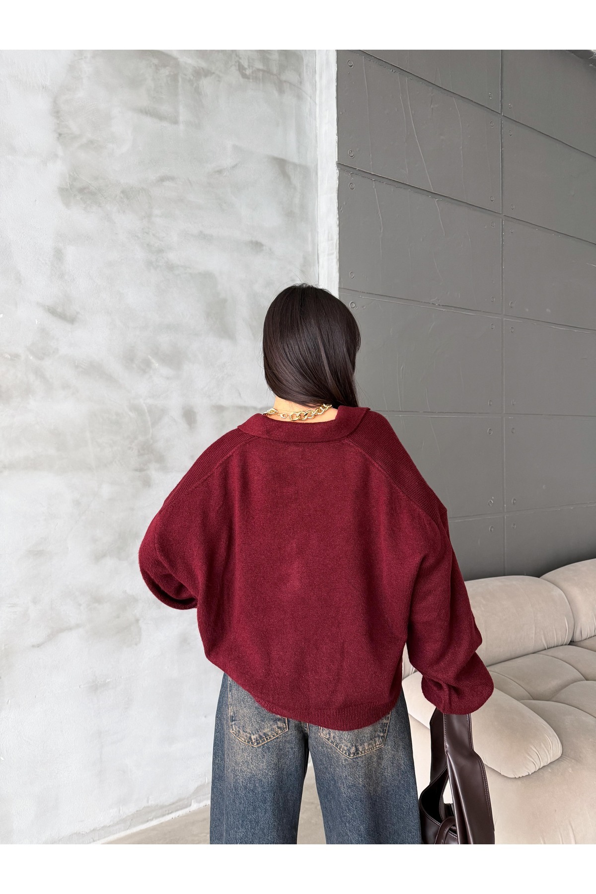 figo  Oversize Polo Yaka Düğmeli Kadın Kazak - Görsel 3