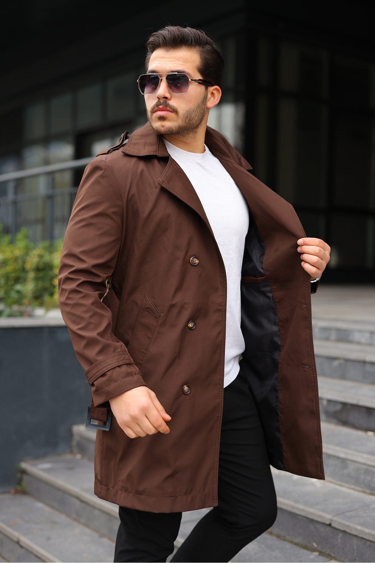 BASEL.CO Erkek Premium Apoletli Trençkot Pardesü - 100 cm uzunluk