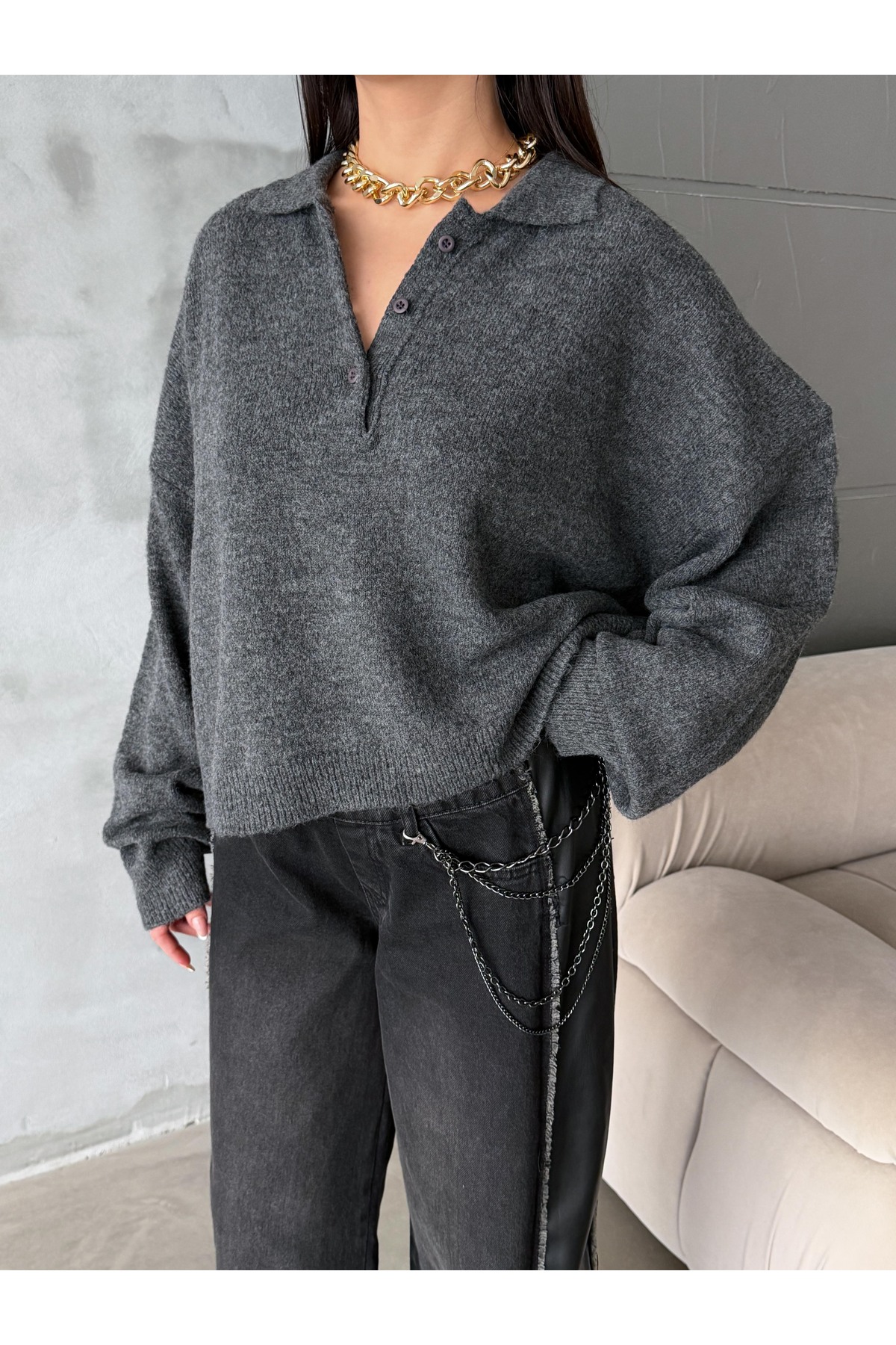 figo  Oversize Polo Yaka Düğmeli Kadın Kazak