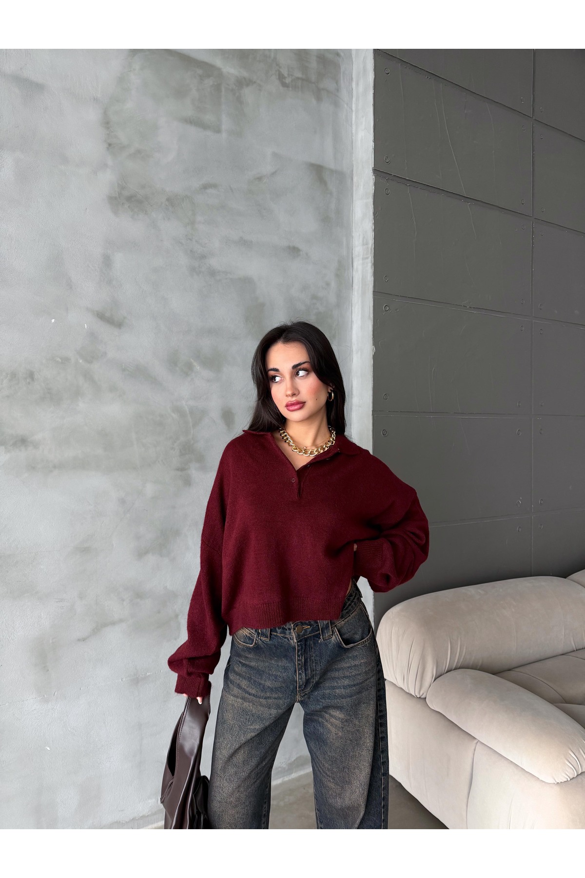 figo  Oversize Polo Yaka Düğmeli Kadın Kazak - Görsel 4