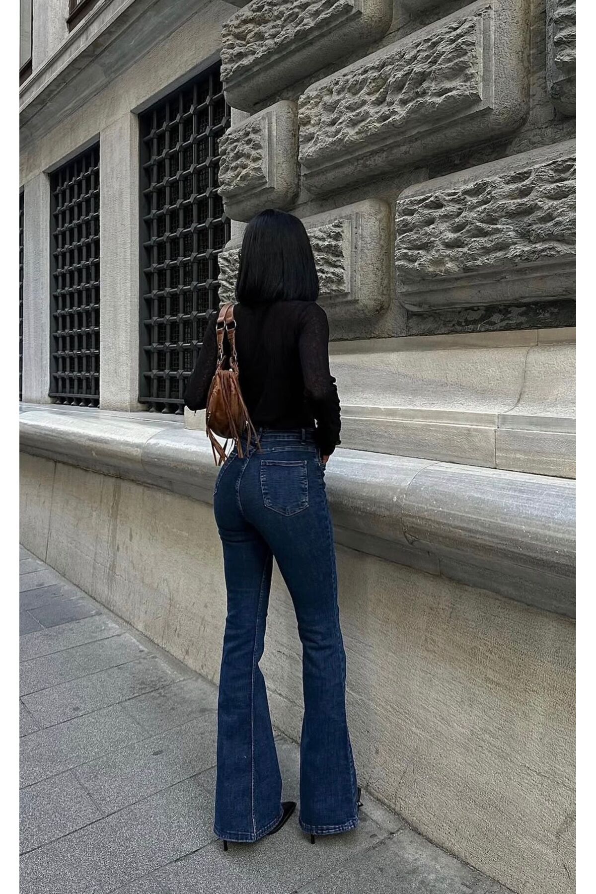 MRİABE  VEGA Ispanyol Yüksek Bel Solmaz Koyu Mavi Kot Pantolon - Görsel 3