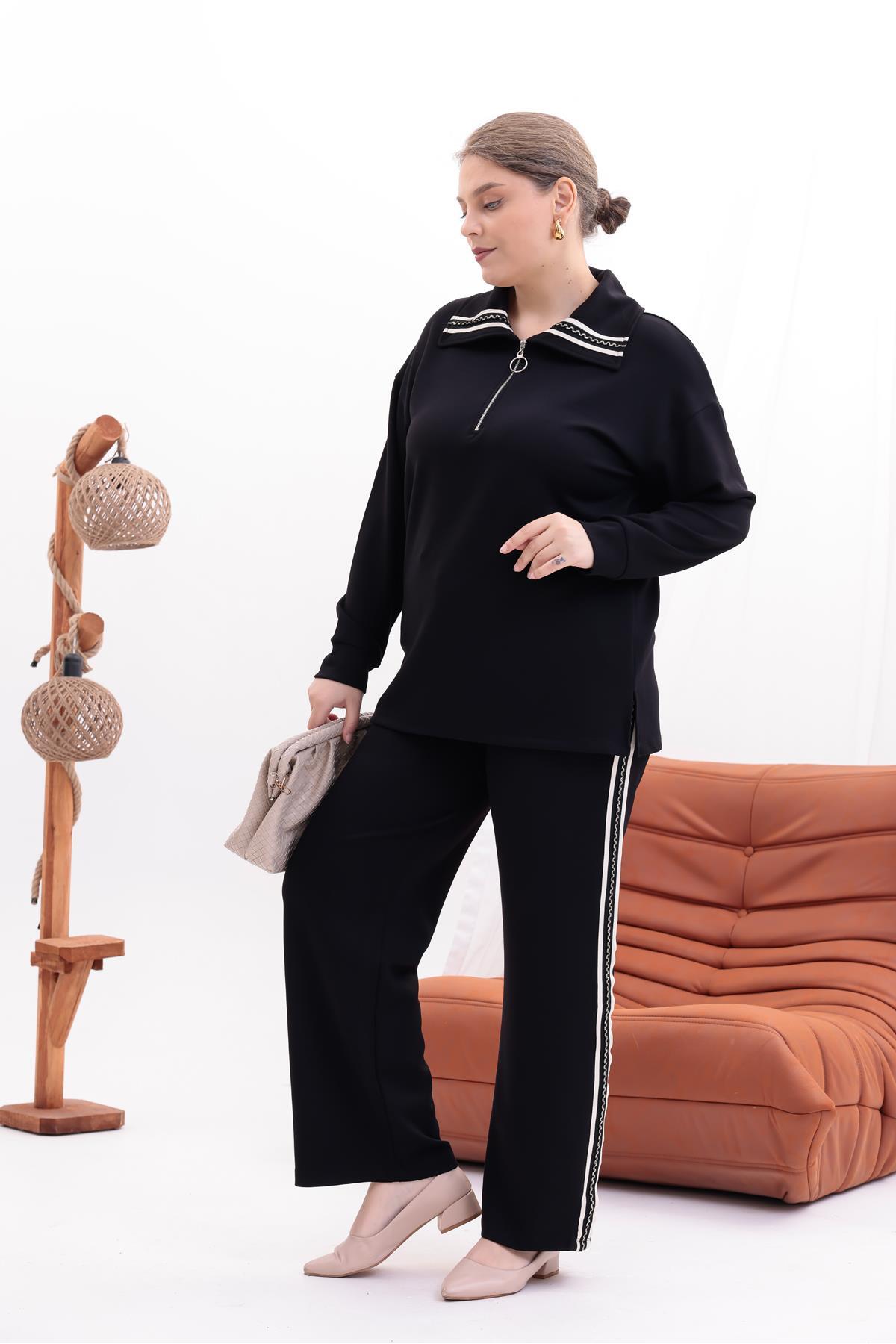 Siyezen Büyük Beden Yaka İşlemeli Fermuarlı Modal Takım