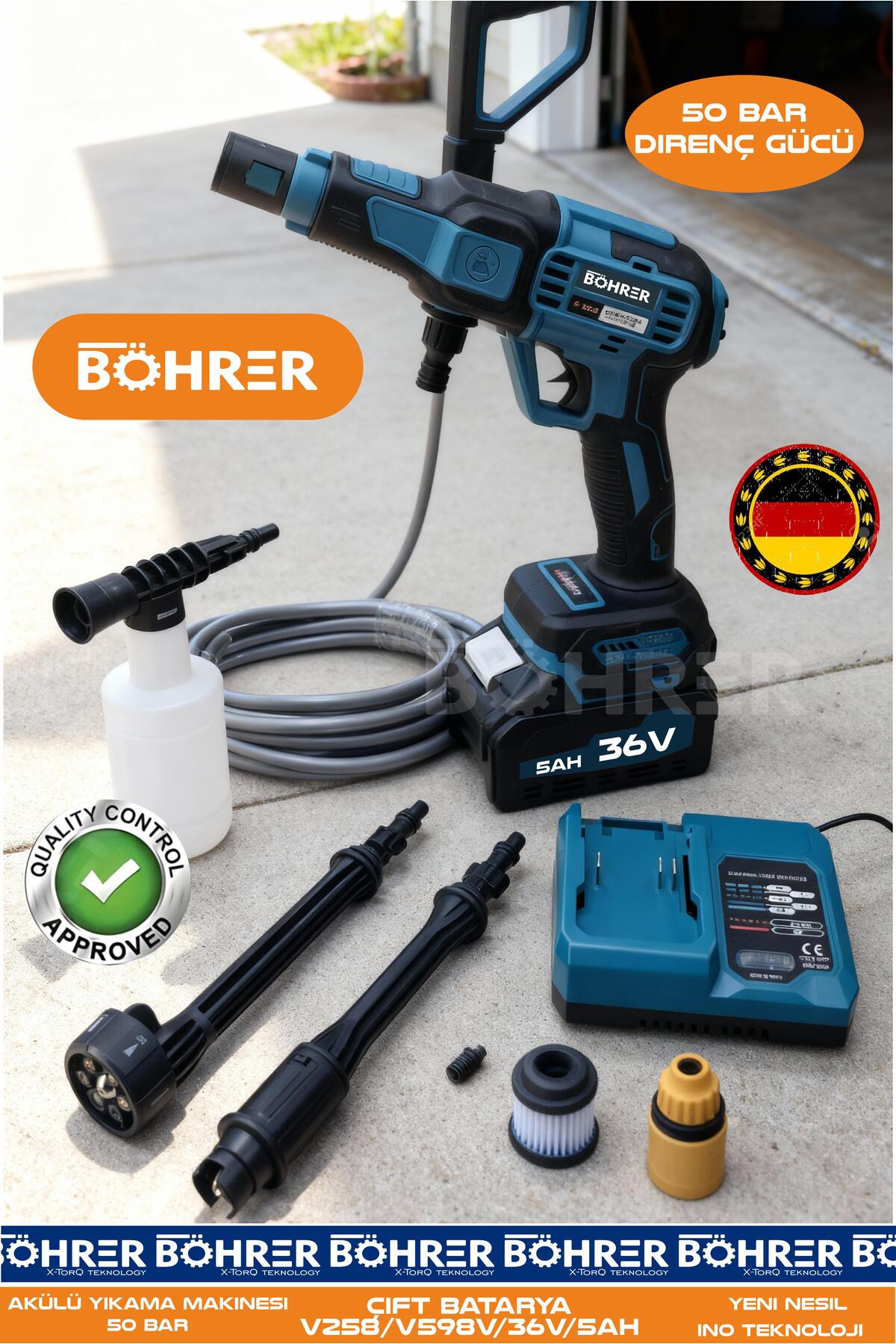 BÖHRER ALMAN DESİGNE 50 BAR ÇİFT BATARYA KÖMÜRSÜZ YENİ NESİL PRO SERİSİ ŞARJLI AKÜLÜ ARAÇ YIKAMA BAHÇE SULA