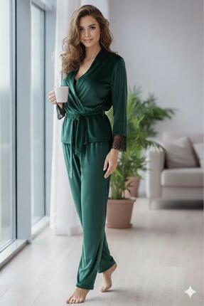 Juwana Lüks Kadife Dantel Detaylı Şık Kuşaklı Sabahlık & Pijama Takımı