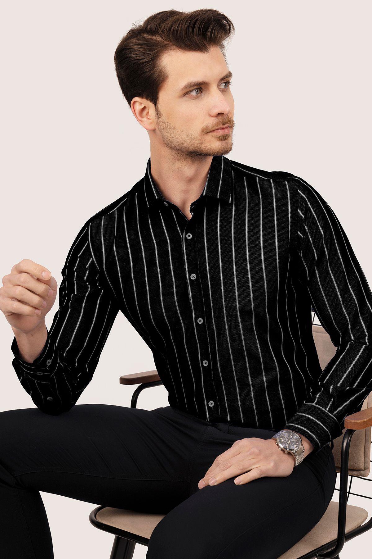 Etikmen  Ofis Stili Slim Fit Çizgili Erkek Gömlek 2’li Set - Görsel 6