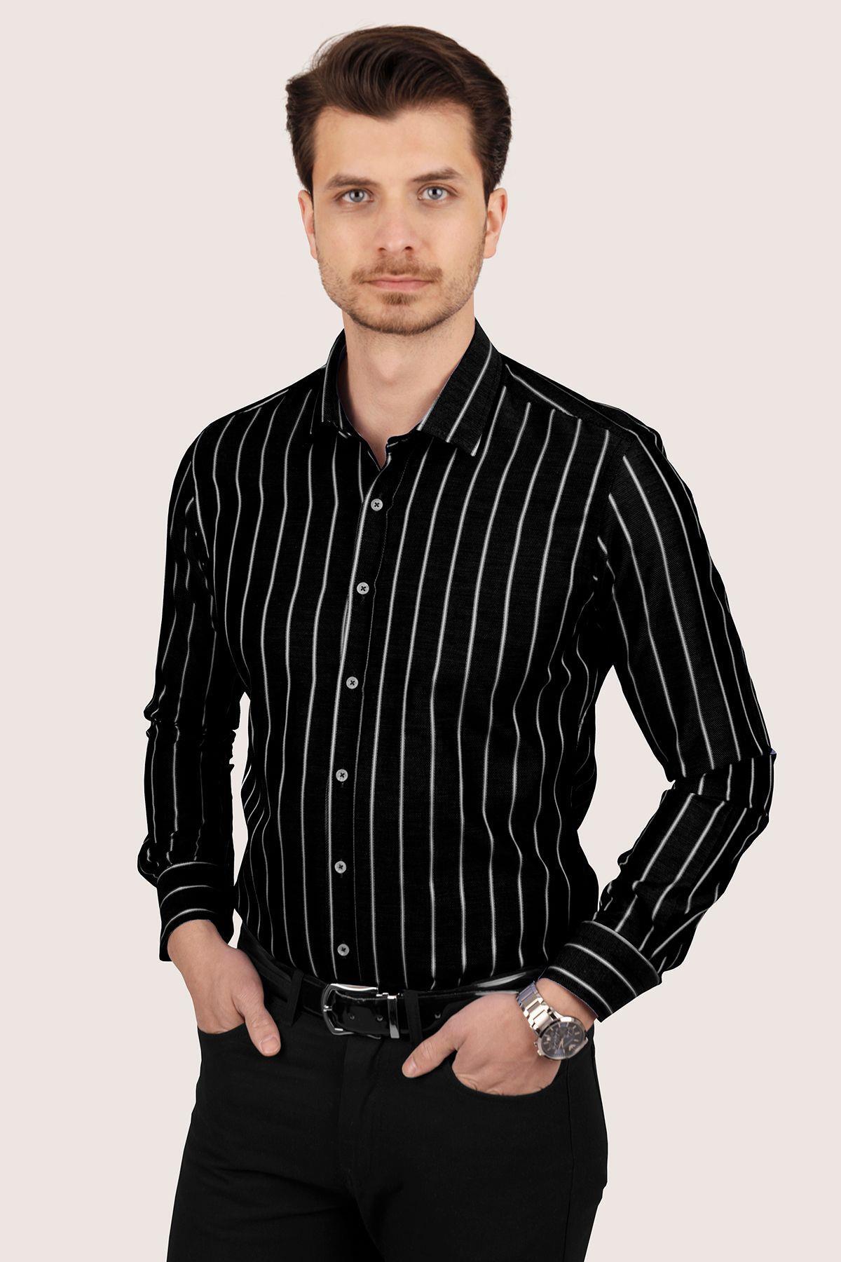 Etikmen  Ofis Stili Slim Fit Çizgili Erkek Gömlek 2’li Set - Görsel 8