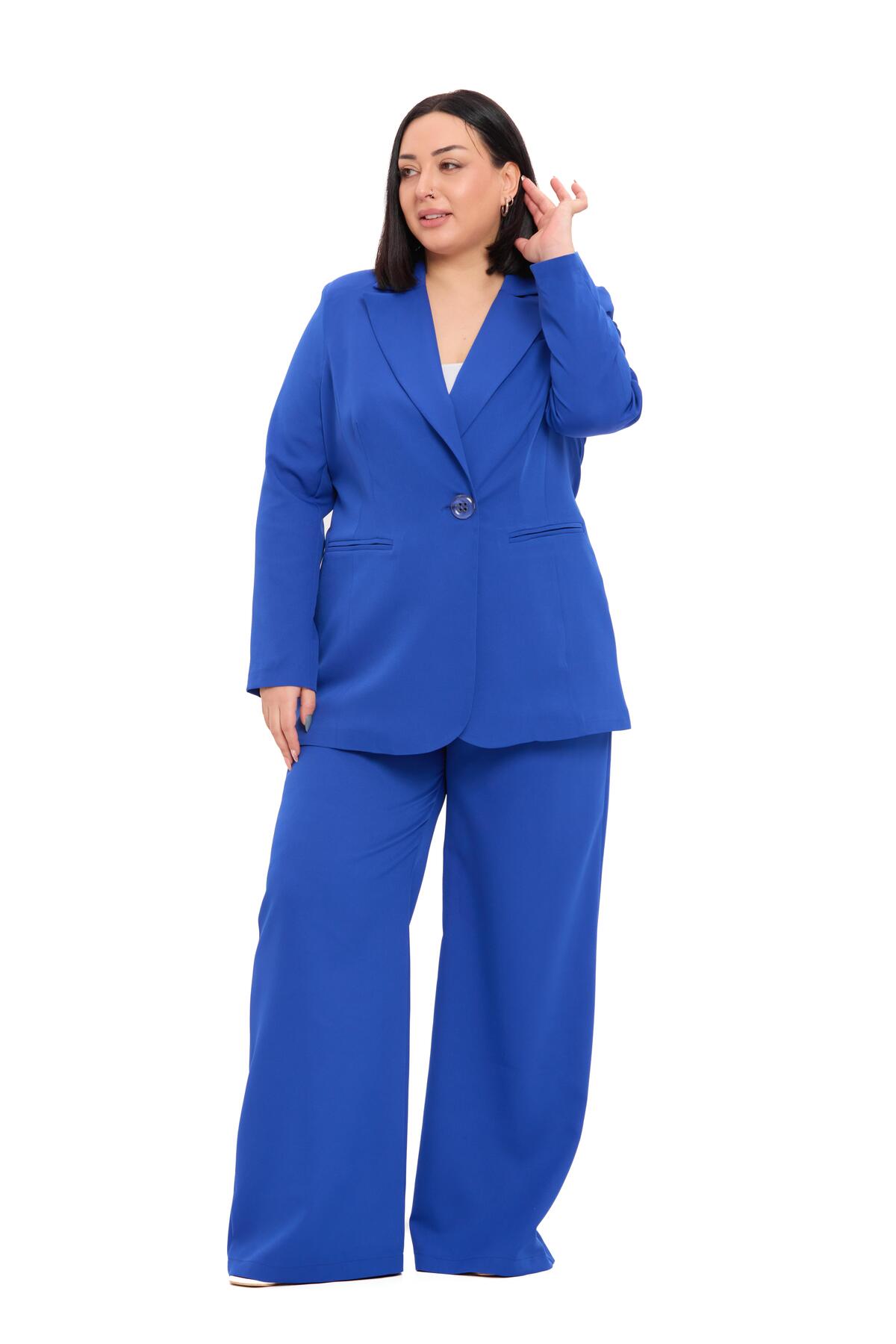 DISENTIS MODEST Büyük Beden Tek Düğmeli Saks Mavi Ceket Pantolon İkili Takım