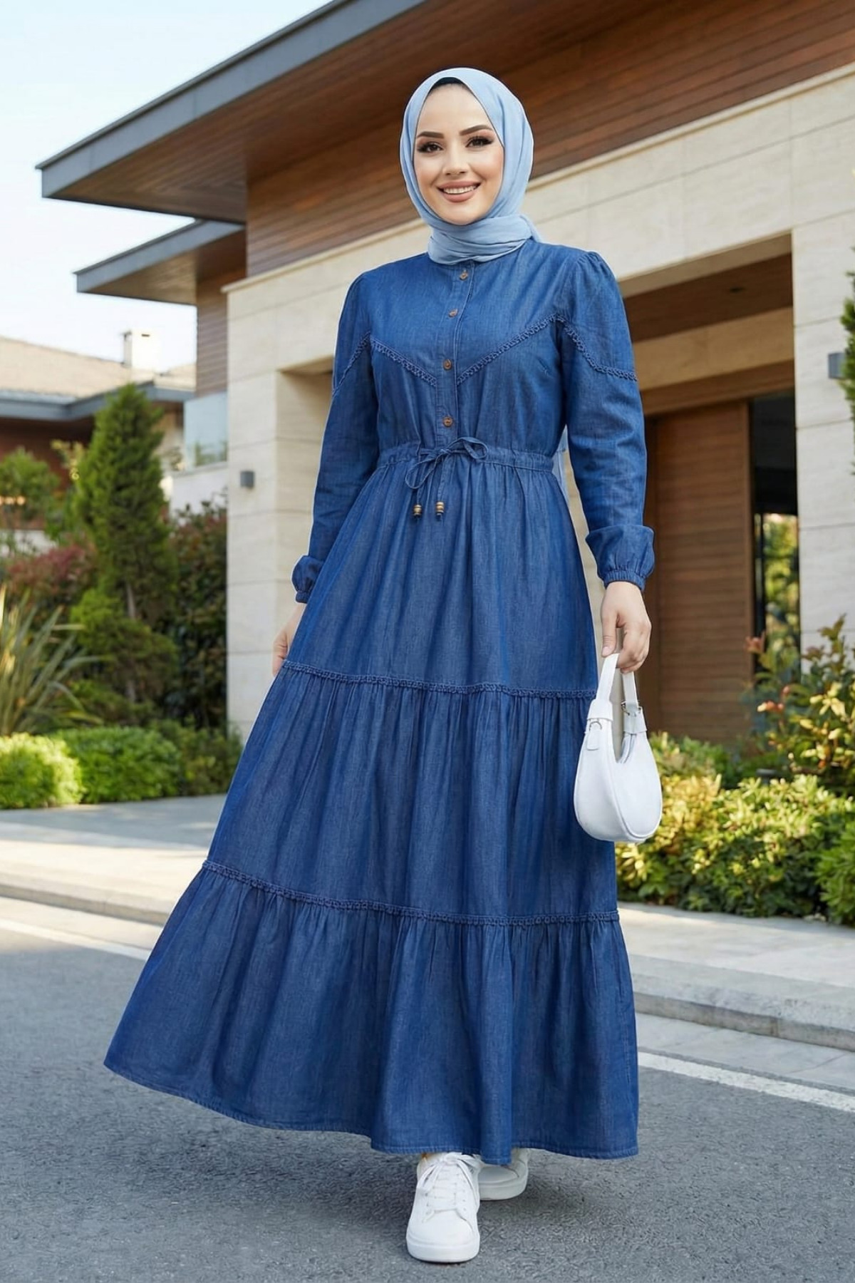 Hb Harma Time Butik  Kadın Dantel Detaylı Düğmeli ve Bağcıklı Koyu Kot Mavi Uzun Elbise