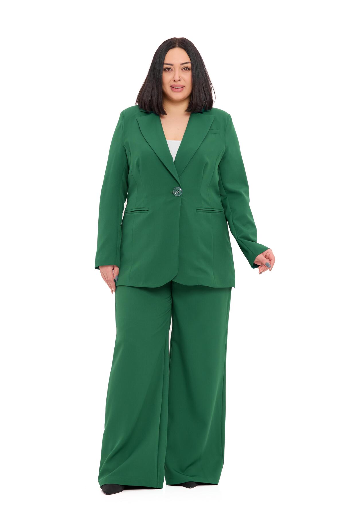 DISENTIS MODEST Büyük Beden Tek Düğmeli Zümrüt Yeşili Ceket Pantolon İkili Takım