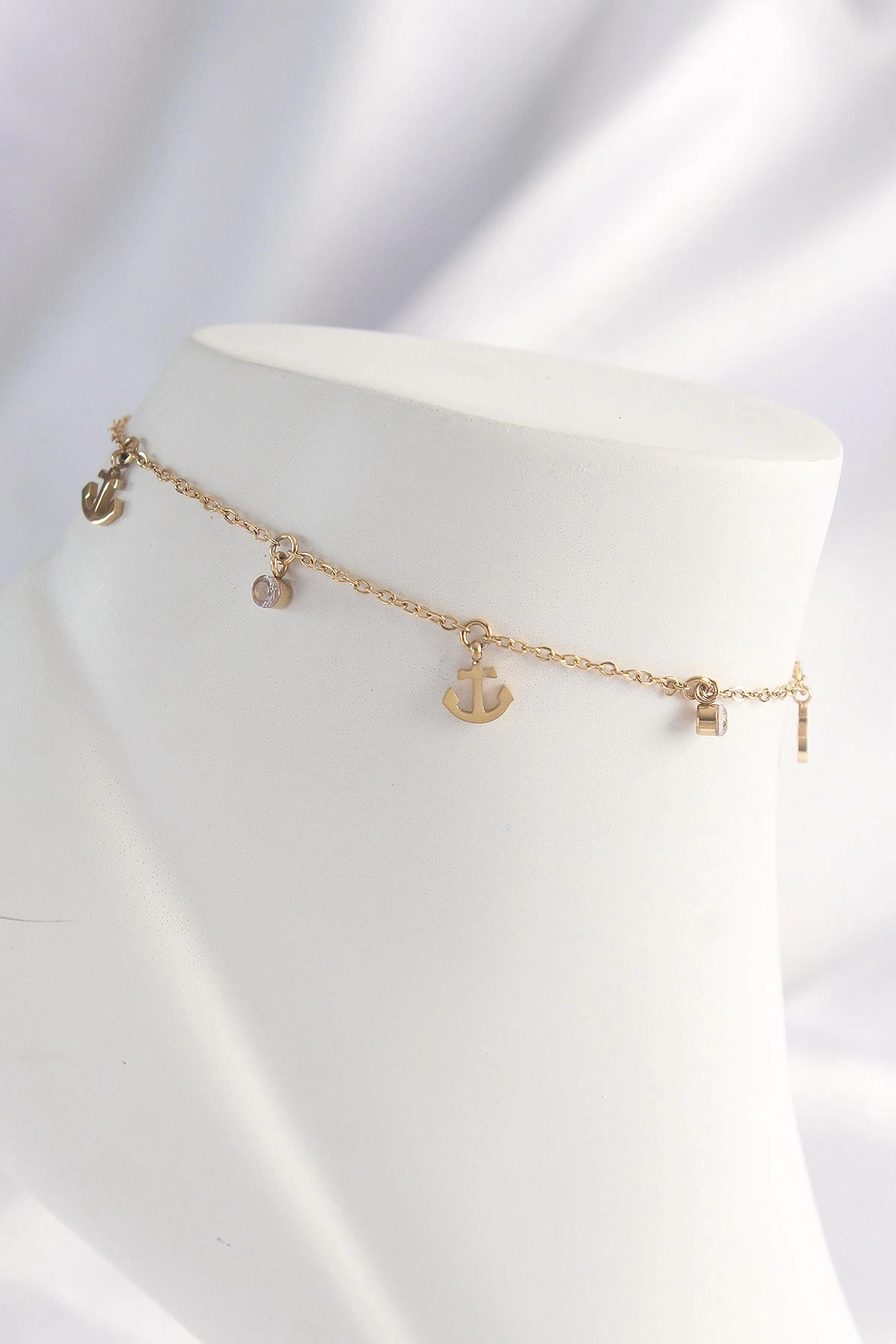 ÇOK SATAN 316L Çelik Gold Renk Zirkon Taşlı Minimal Çapa Tasarımlı Halhal