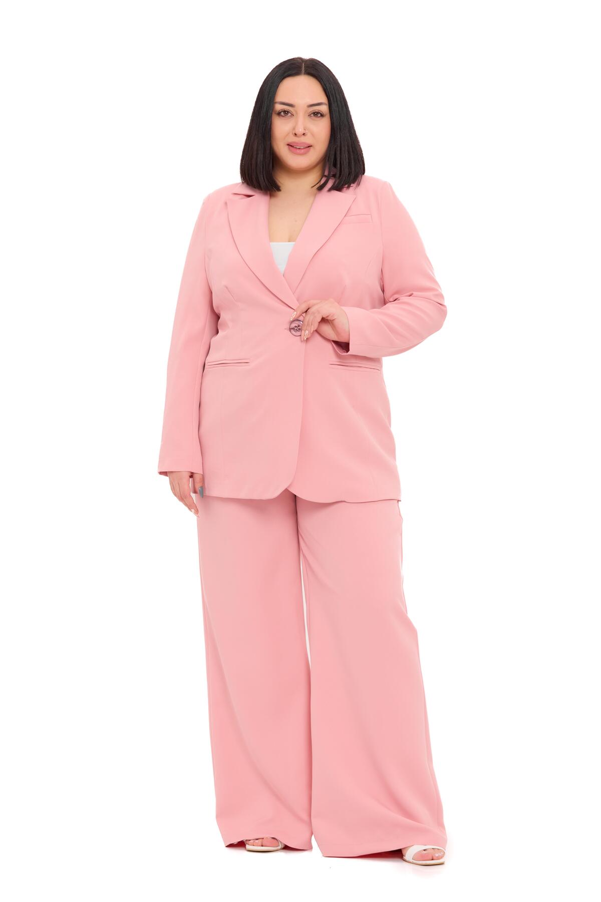 DISENTIS MODEST Büyük Beden Tek Düğmeli Pudra Ceket Pantolon İkili Takım