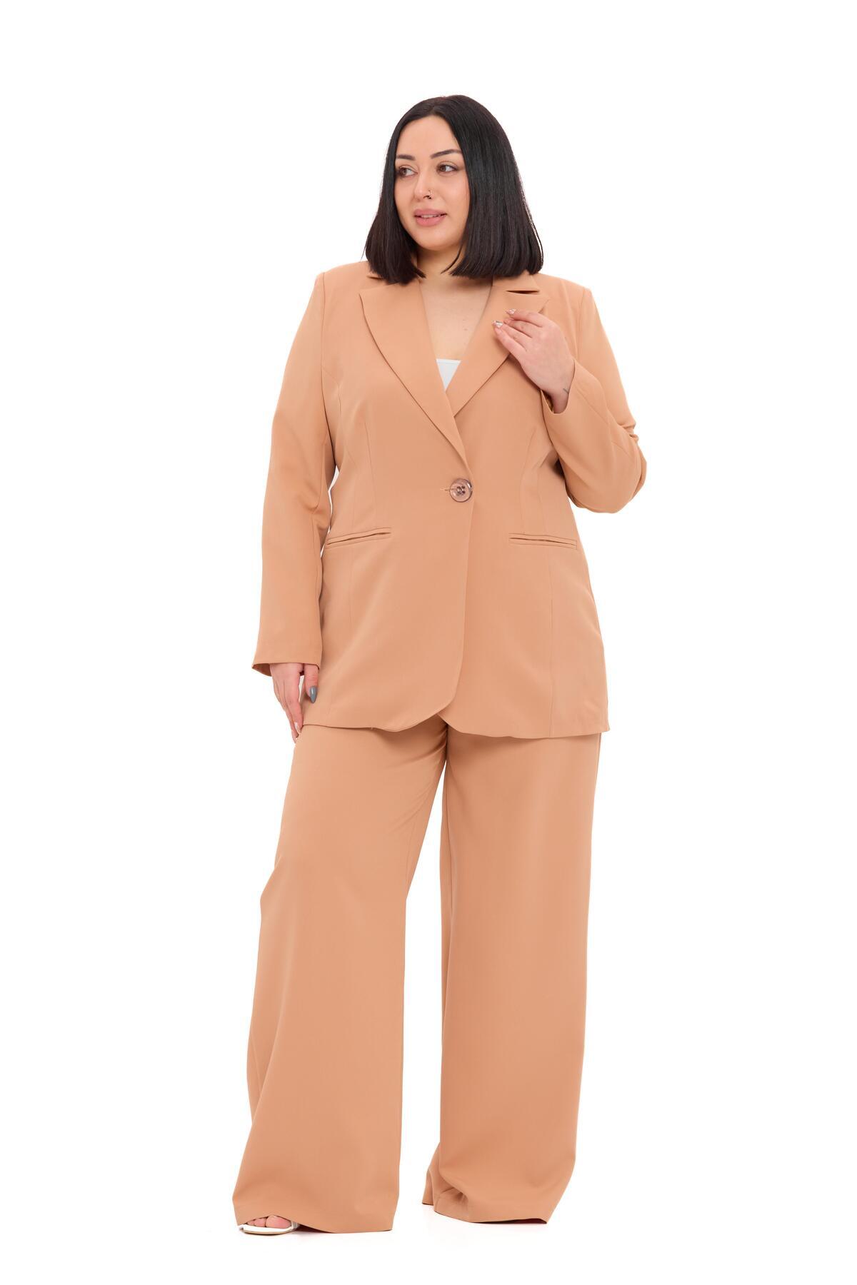 DISENTIS MODEST Büyük Beden Tek Düğmeli Vizon Ceket Pantolon İkili Takım