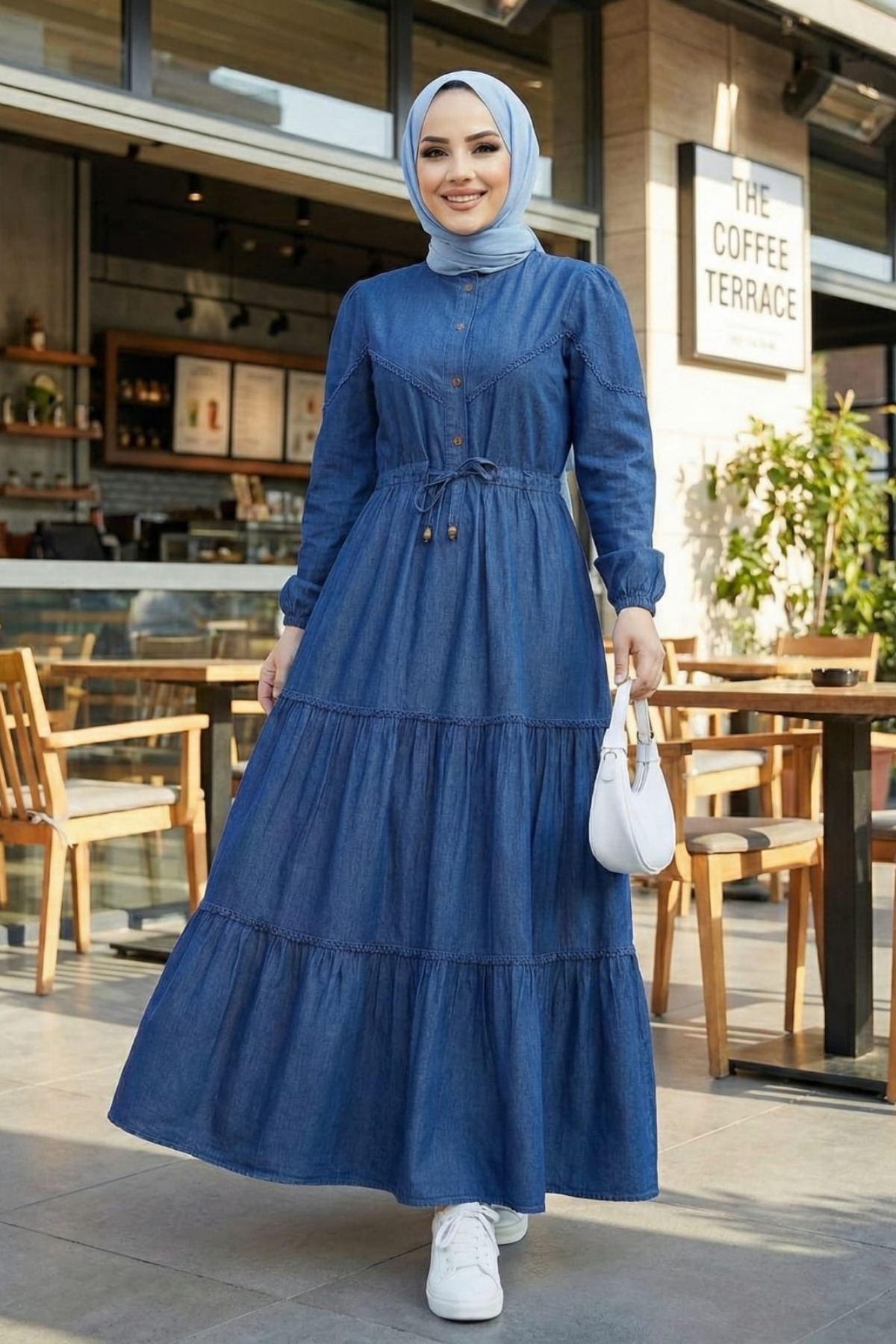 Hb Harma Time Butik  Kadın Dantel Detaylı Düğmeli ve Bağcıklı Koyu Kot Mavi Uzun Elbise - Görsel 3