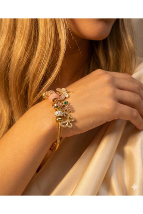 Ashley Collection Pembe Charmlı Altın Renk Bileklik Paslanmaz Çelik Kararma Y...