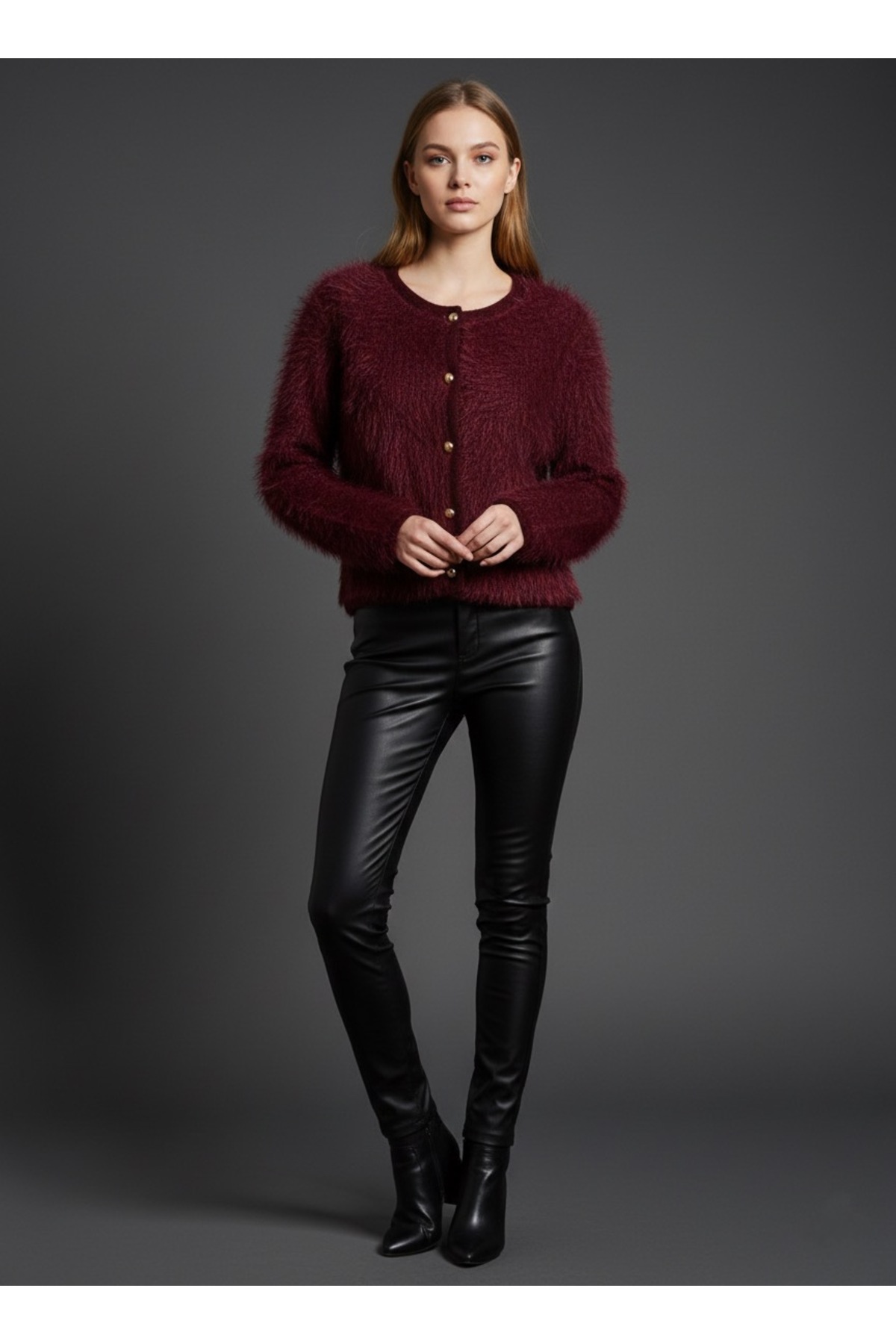 LWL  Tüylü Düğmeli Triko Hırka Ceket Pelüş Shaggy - Görsel 4