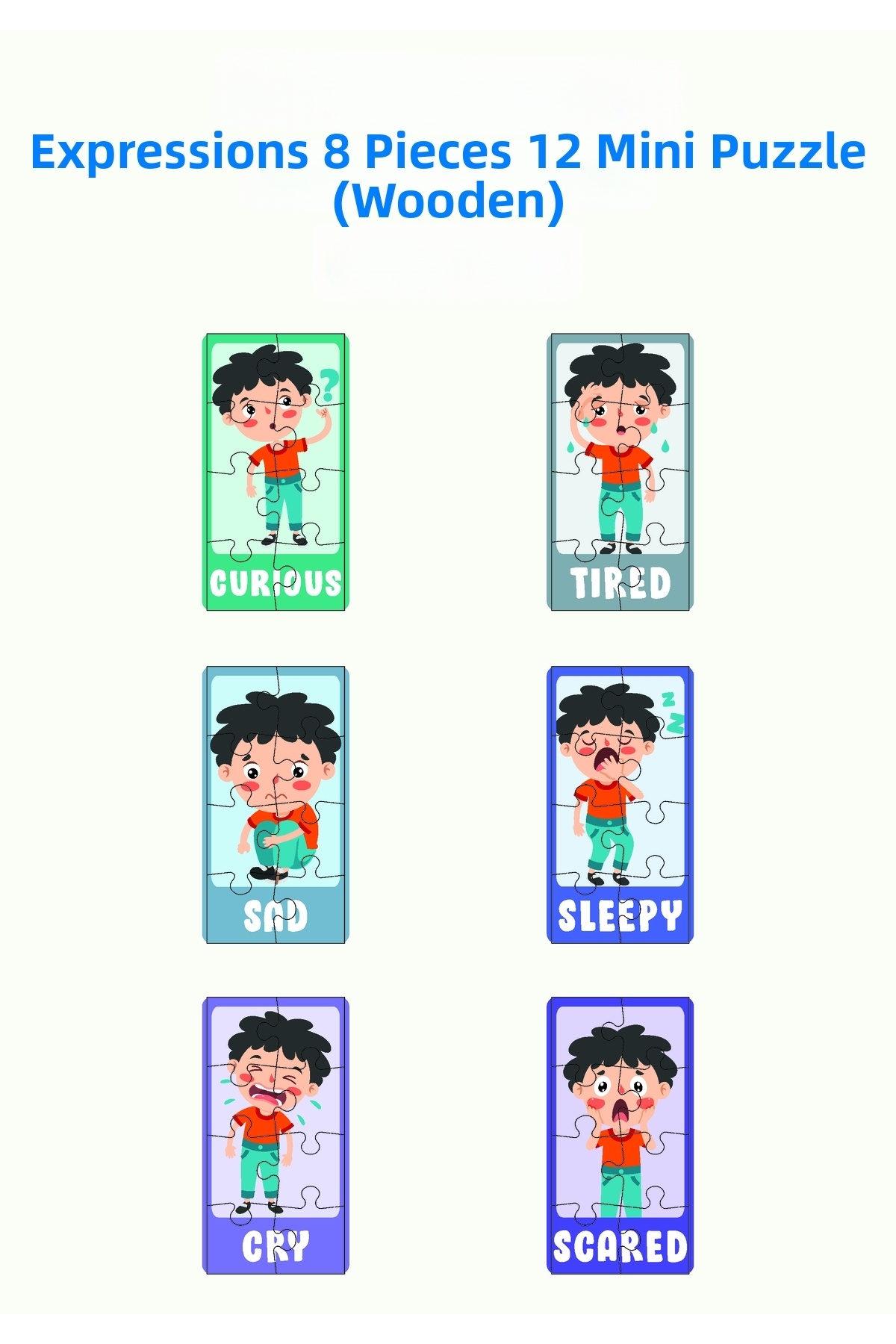 پازل آموزشی چوبی – احساسات و حالات چهره (مجموعه ۱۲ تکه، ۸ قطعه)