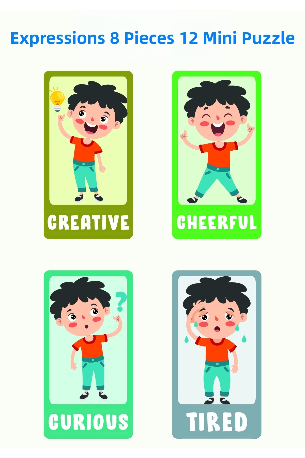 پازل آموزشی چوبی – احساسات و حالات چهره (مجموعه ۱۲ تکه، ۸ قطعه)