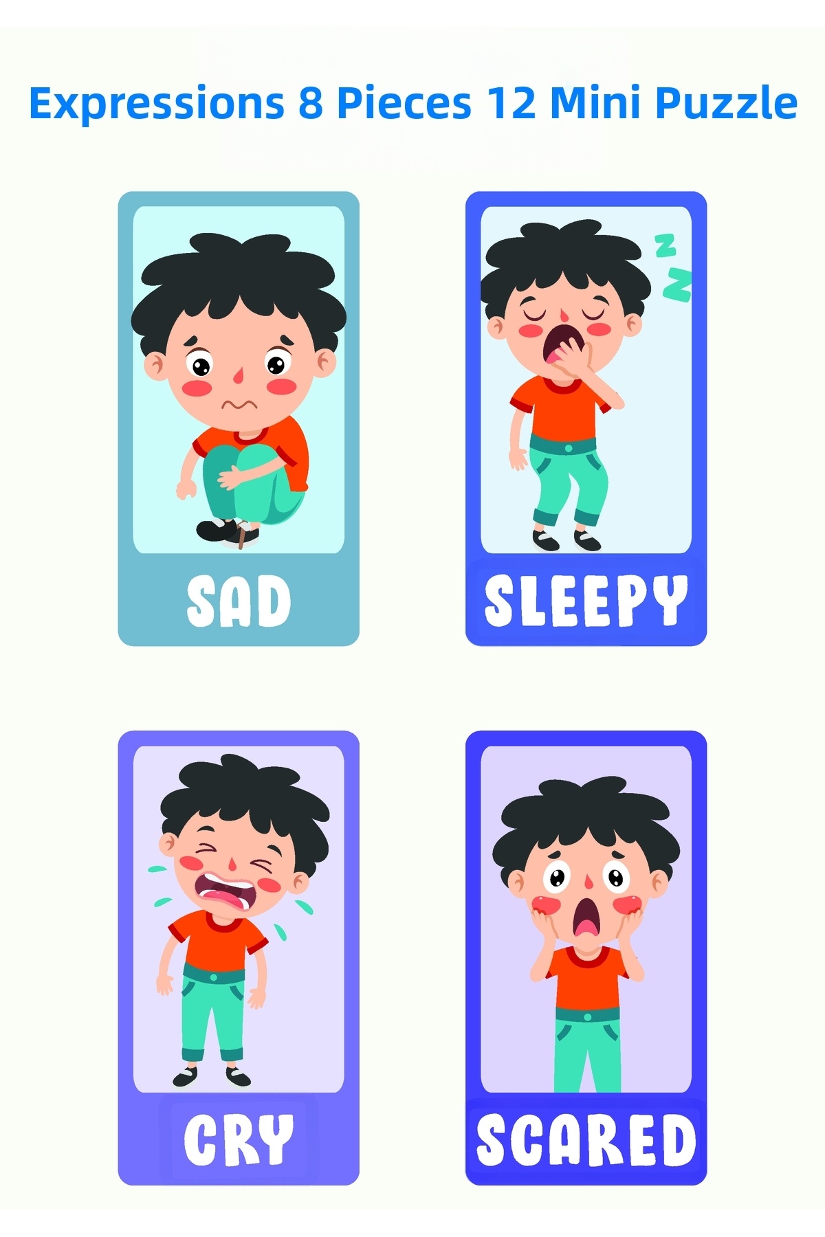 پازل آموزشی چوبی – احساسات و حالات چهره (مجموعه ۱۲ تکه، ۸ قطعه)